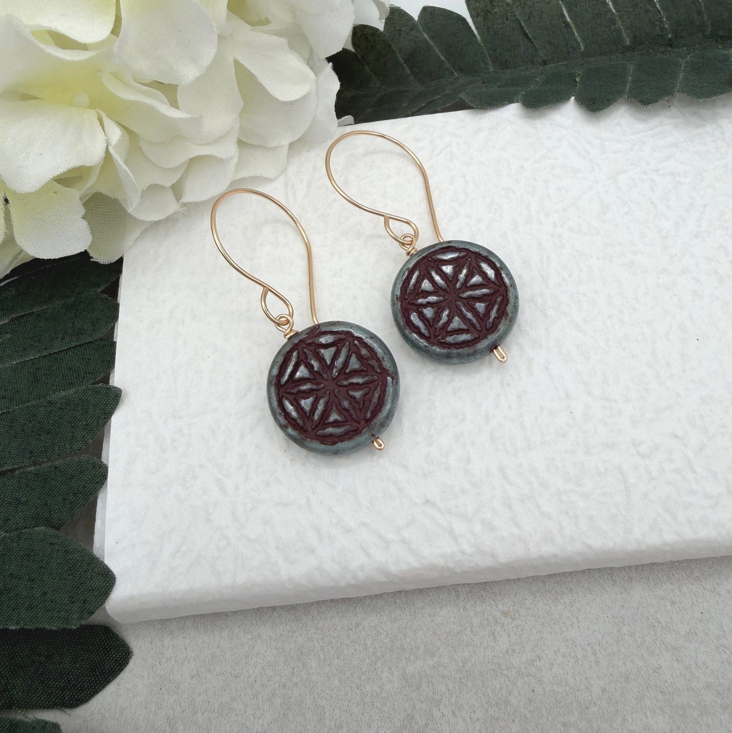 Earrings with Blue Green and Brown Czech Glass Beads with Flower of Life Pattern GHE-186