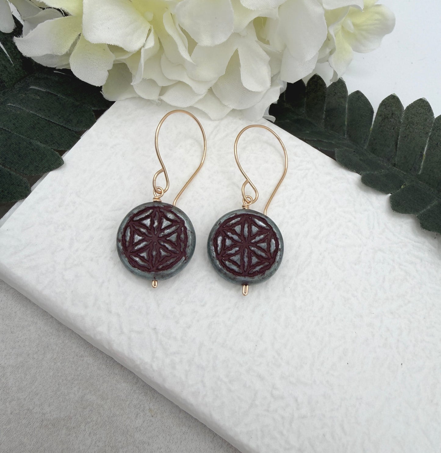 Earrings with Blue Green and Brown Czech Glass Beads with Flower of Life Pattern GHE-186