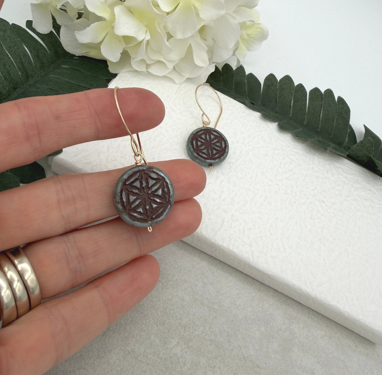 Earrings with Blue Green and Brown Czech Glass Beads with Flower of Life Pattern GHE-186