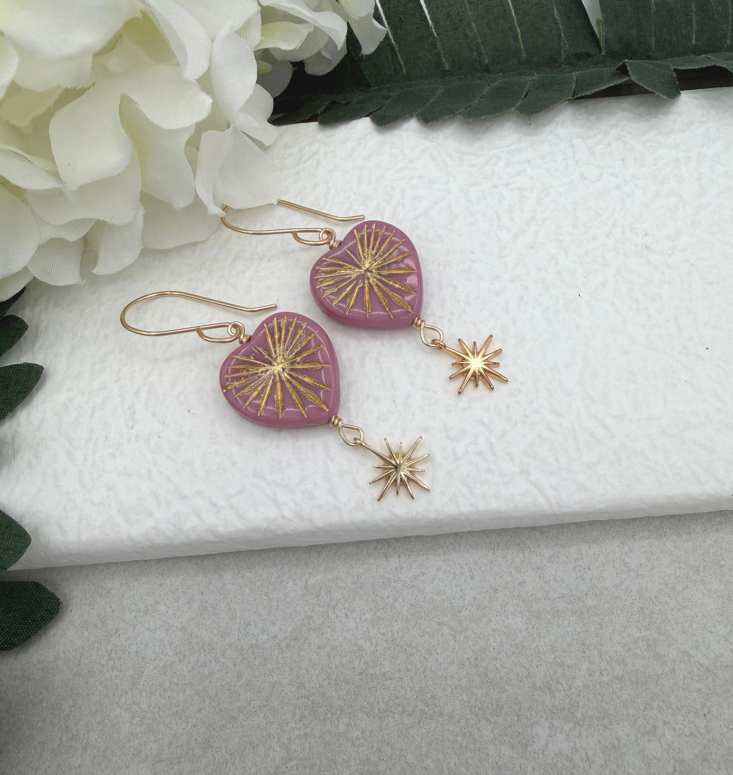 Earrings with Pink Czech Glass Heart Beads  and Gold Plated Star Charms GHE-187