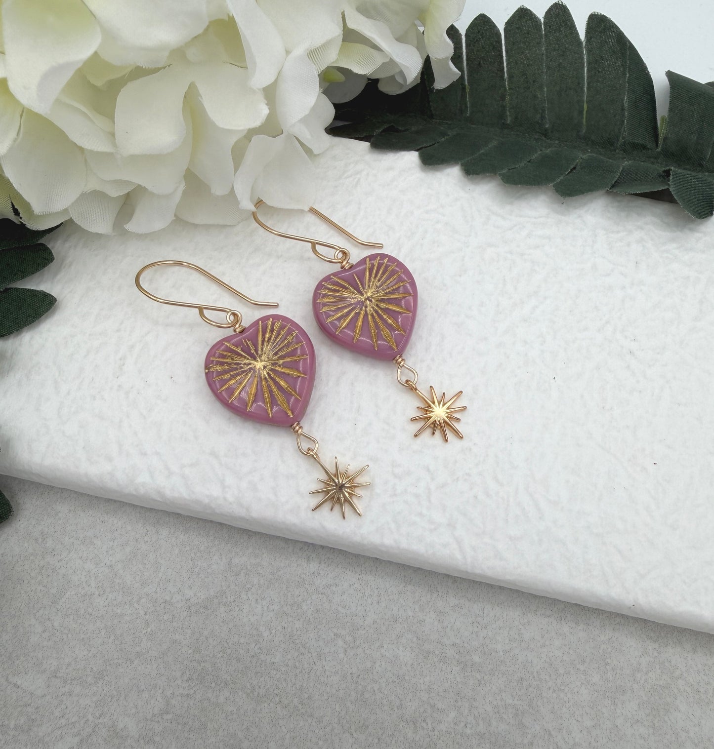Earrings with Pink Czech Glass Heart Beads  and Gold Plated Star Charms GHE-187