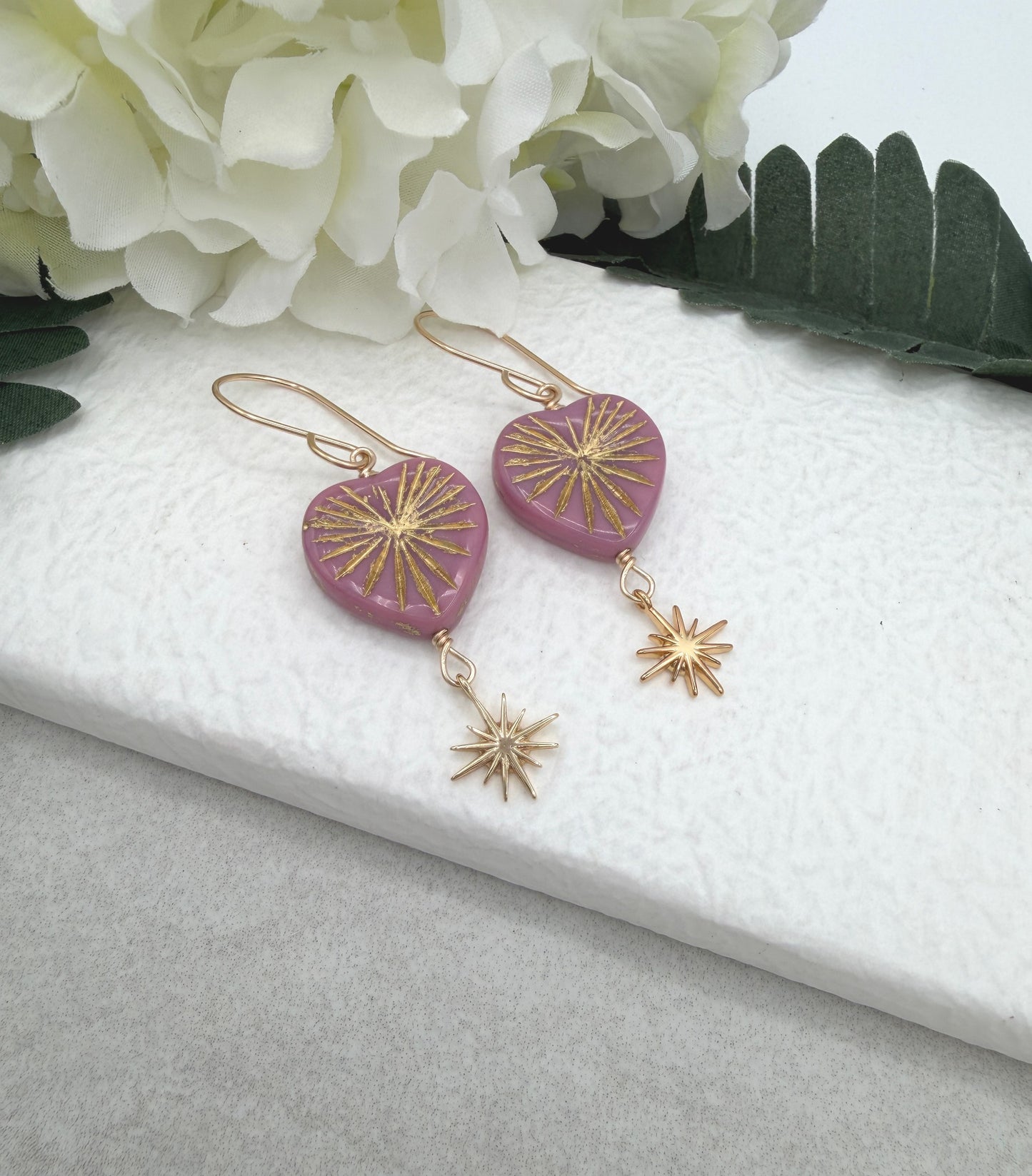 Earrings with Pink Czech Glass Heart Beads  and Gold Plated Star Charms GHE-187