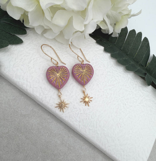 Earrings with Pink Czech Glass Heart Beads  and Gold Plated Star Charms GHE-187