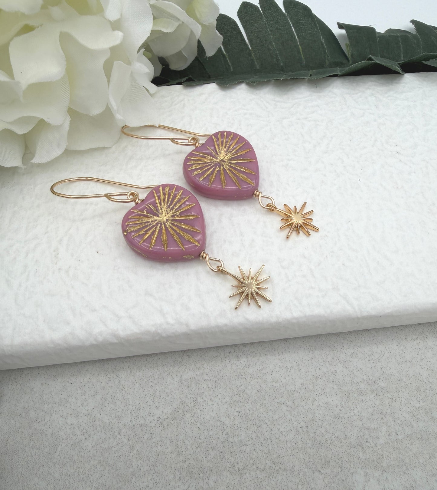 Earrings with Pink Czech Glass Heart Beads  and Gold Plated Star Charms GHE-187
