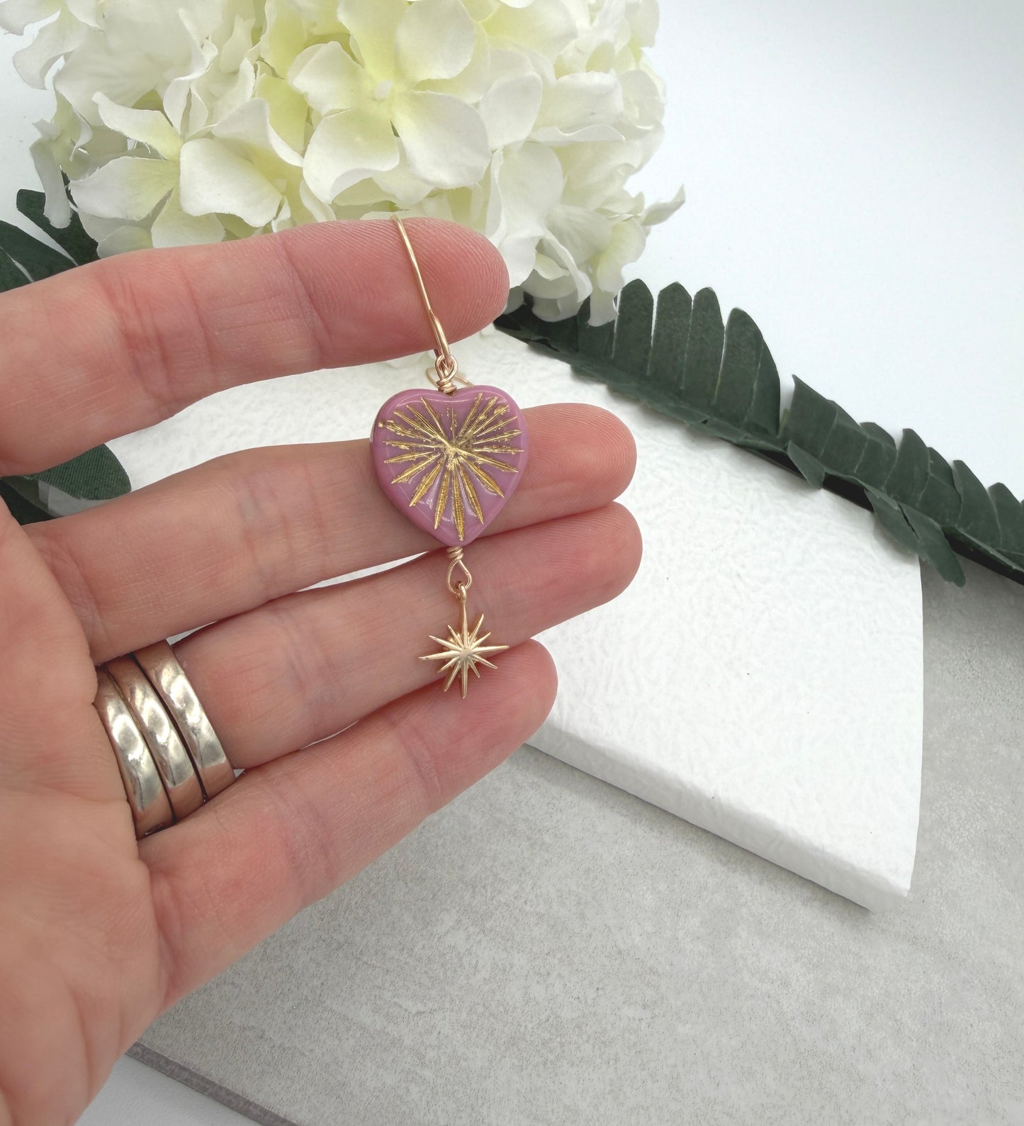 Earrings with Pink Czech Glass Heart Beads  and Gold Plated Star Charms GHE-187