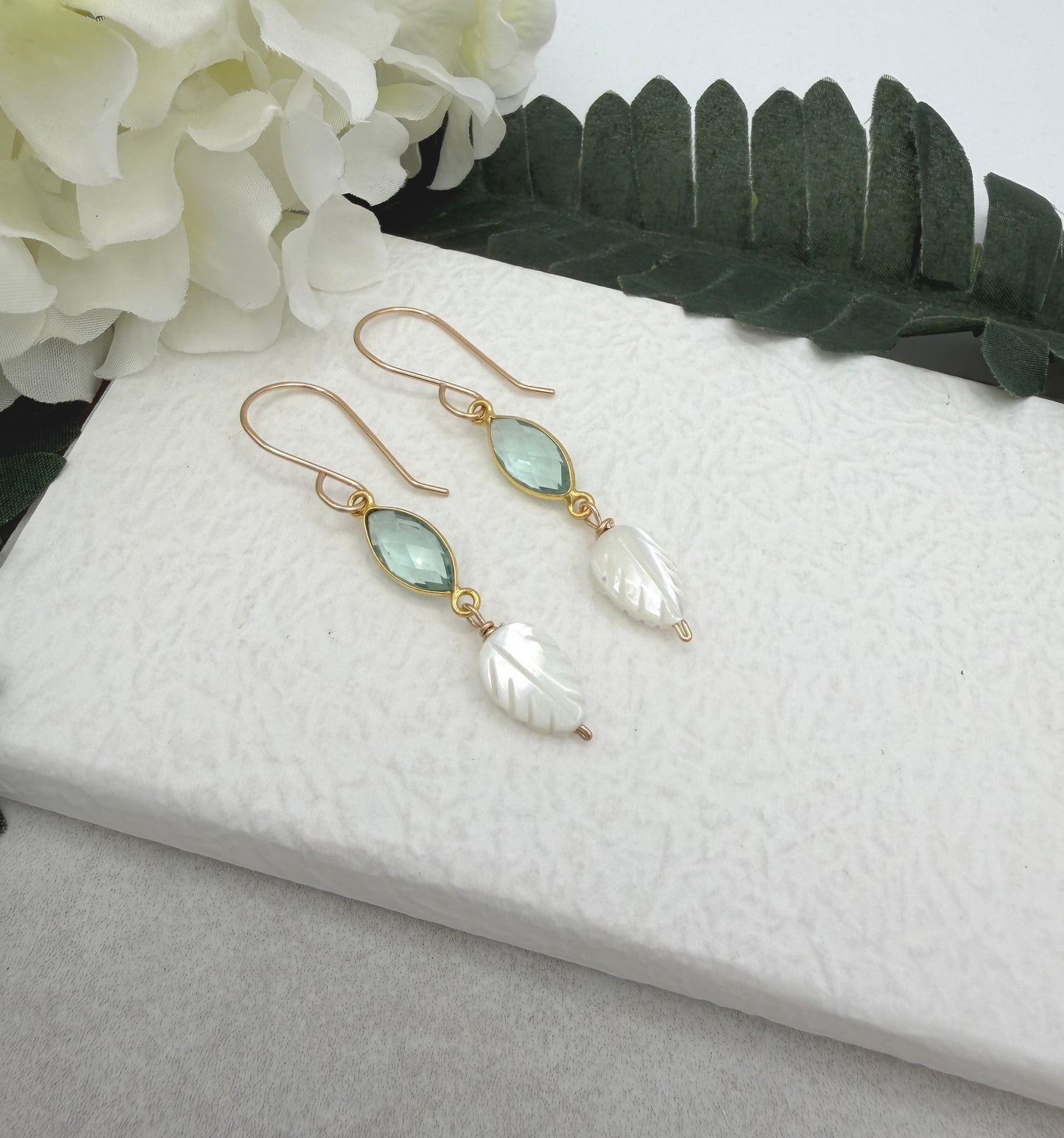 Earrings with Bezel Set Green Amethyst and Small Mother of Pearl Leaf Beads GHE-189