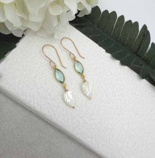 Earrings with Bezel Set Green Amethyst and Small Mother of Pearl Leaf Beads GHE-189