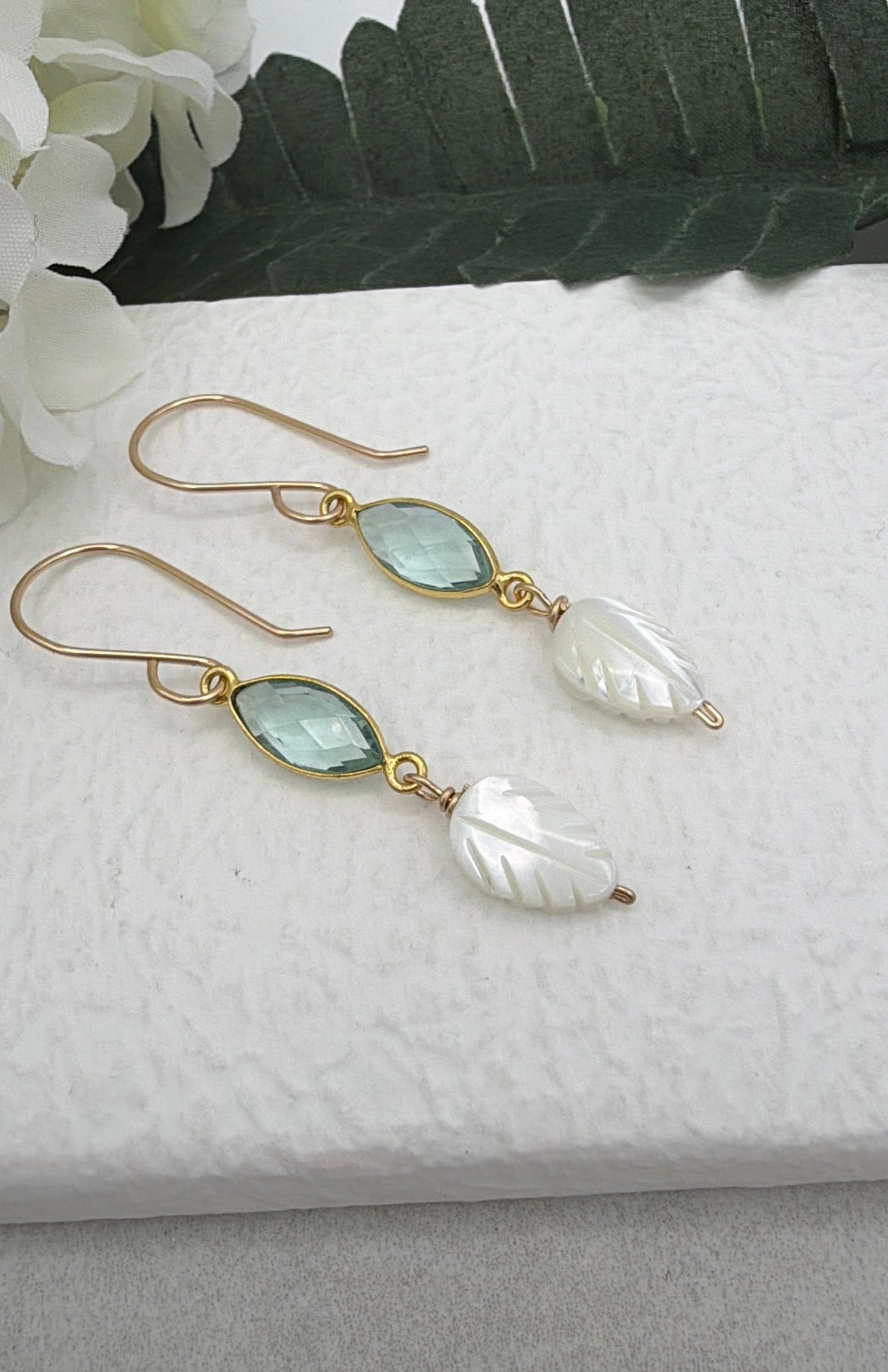 Earrings with Bezel Set Green Amethyst and Small Mother of Pearl Leaf Beads GHE-189