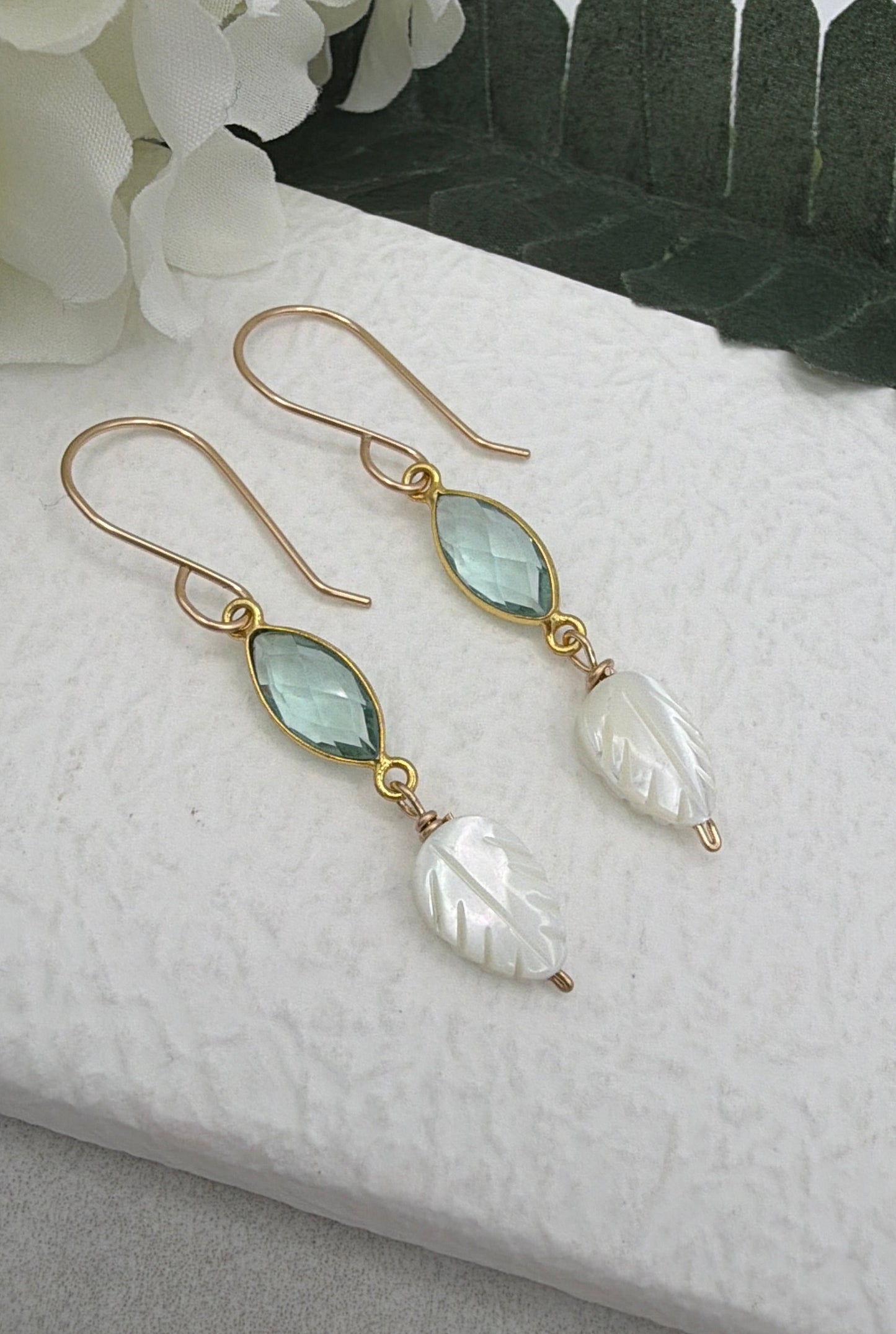 Earrings with Bezel Set Green Amethyst and Small Mother of Pearl Leaf Beads GHE-189