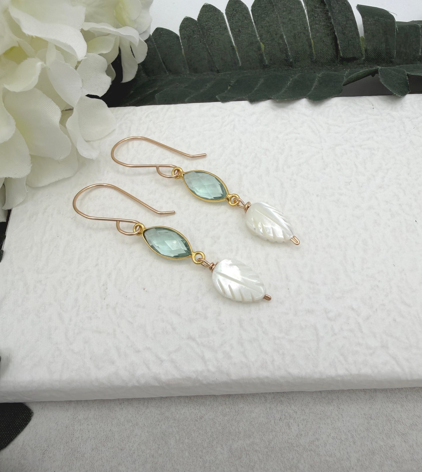 Earrings with Bezel Set Green Amethyst and Small Mother of Pearl Leaf Beads GHE-189