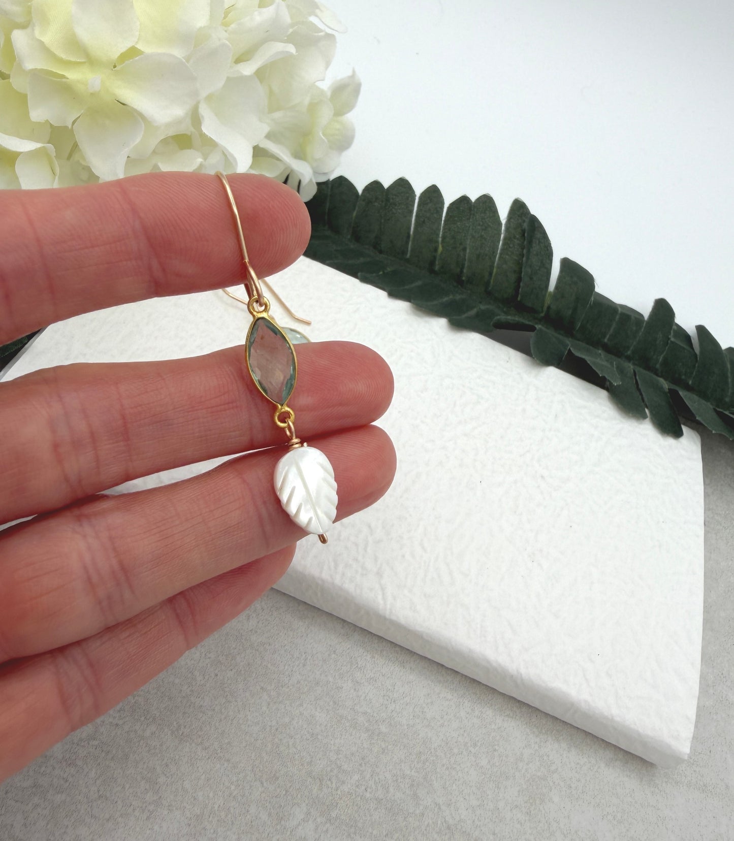 Earrings with Bezel Set Green Amethyst and Small Mother of Pearl Leaf Beads GHE-189