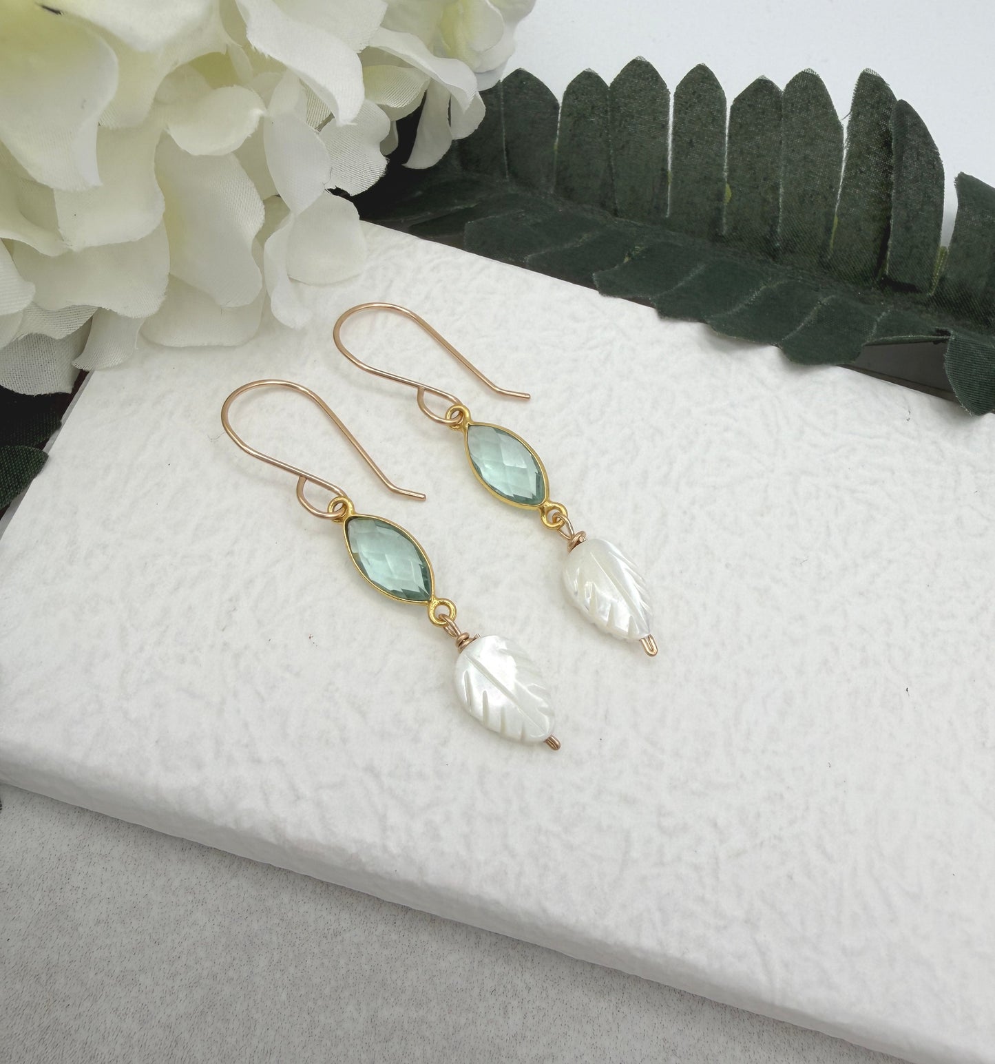 Earrings with Bezel Set Green Amethyst and Small Mother of Pearl Leaf Beads GHE-189