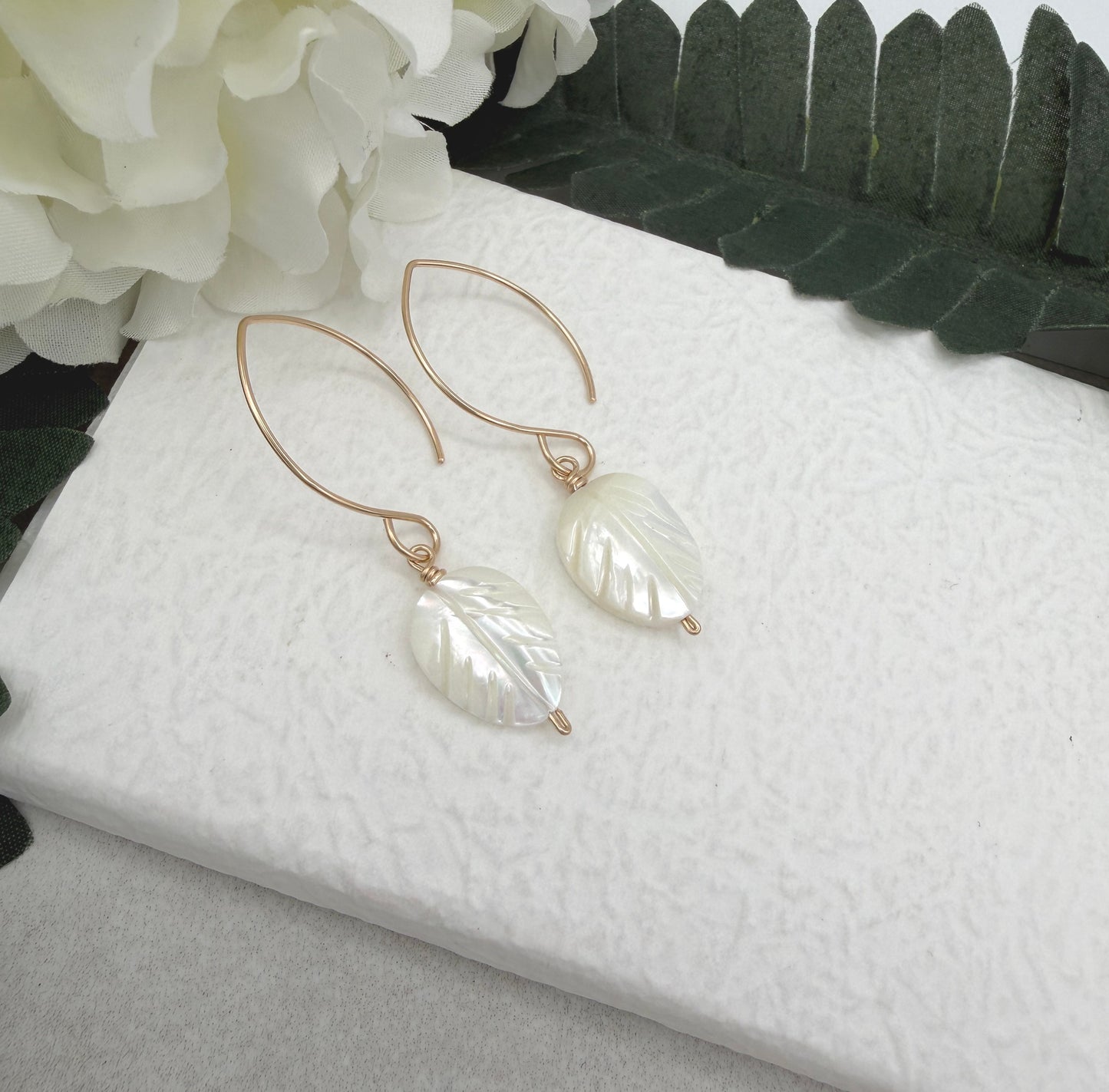 Earrings with Large Mother of Pearl Leaf Beads GHE-190