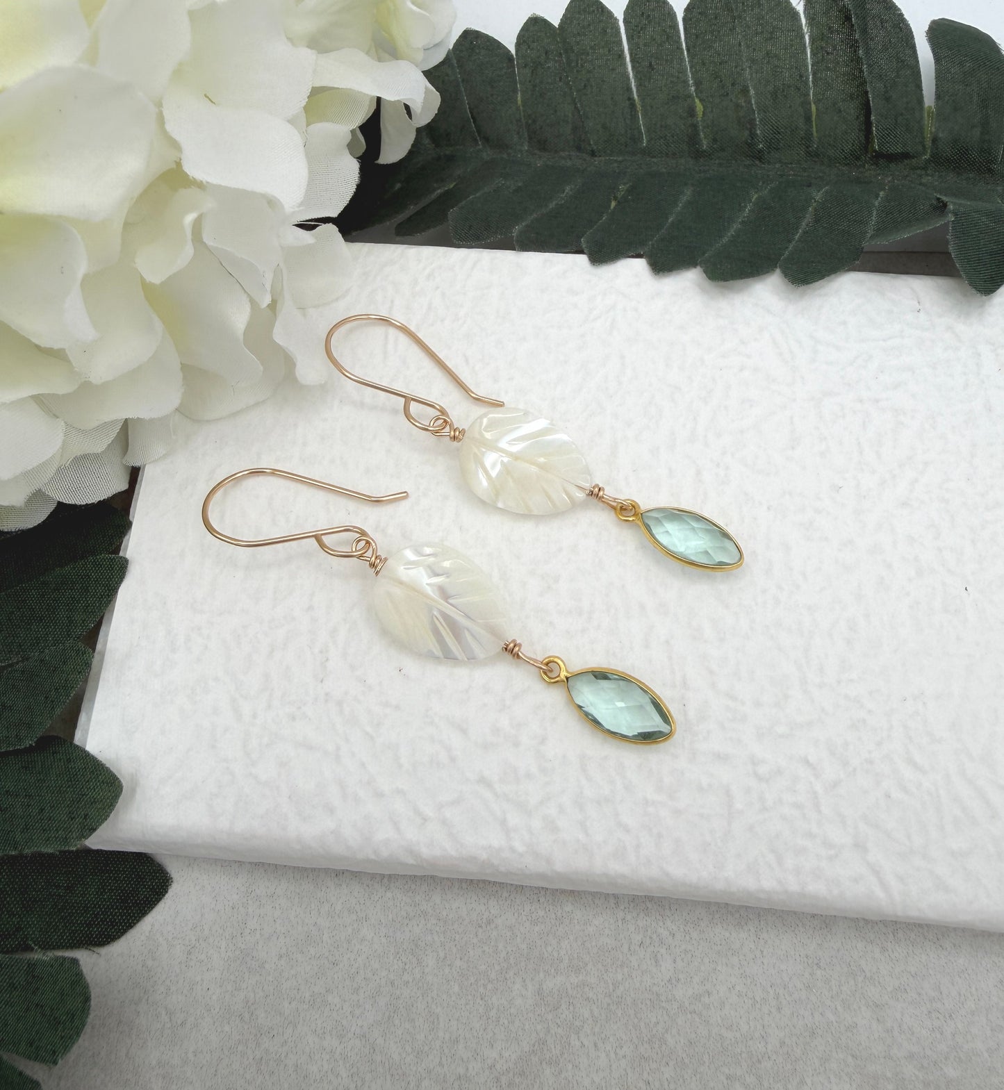 Earrings with Bezel Set Green Amethyst and Large Mother of Pearl Leaf Beads GHE-191