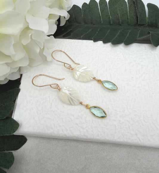 Earrings with Bezel Set Green Amethyst and Large Mother of Pearl Leaf Beads GHE-191