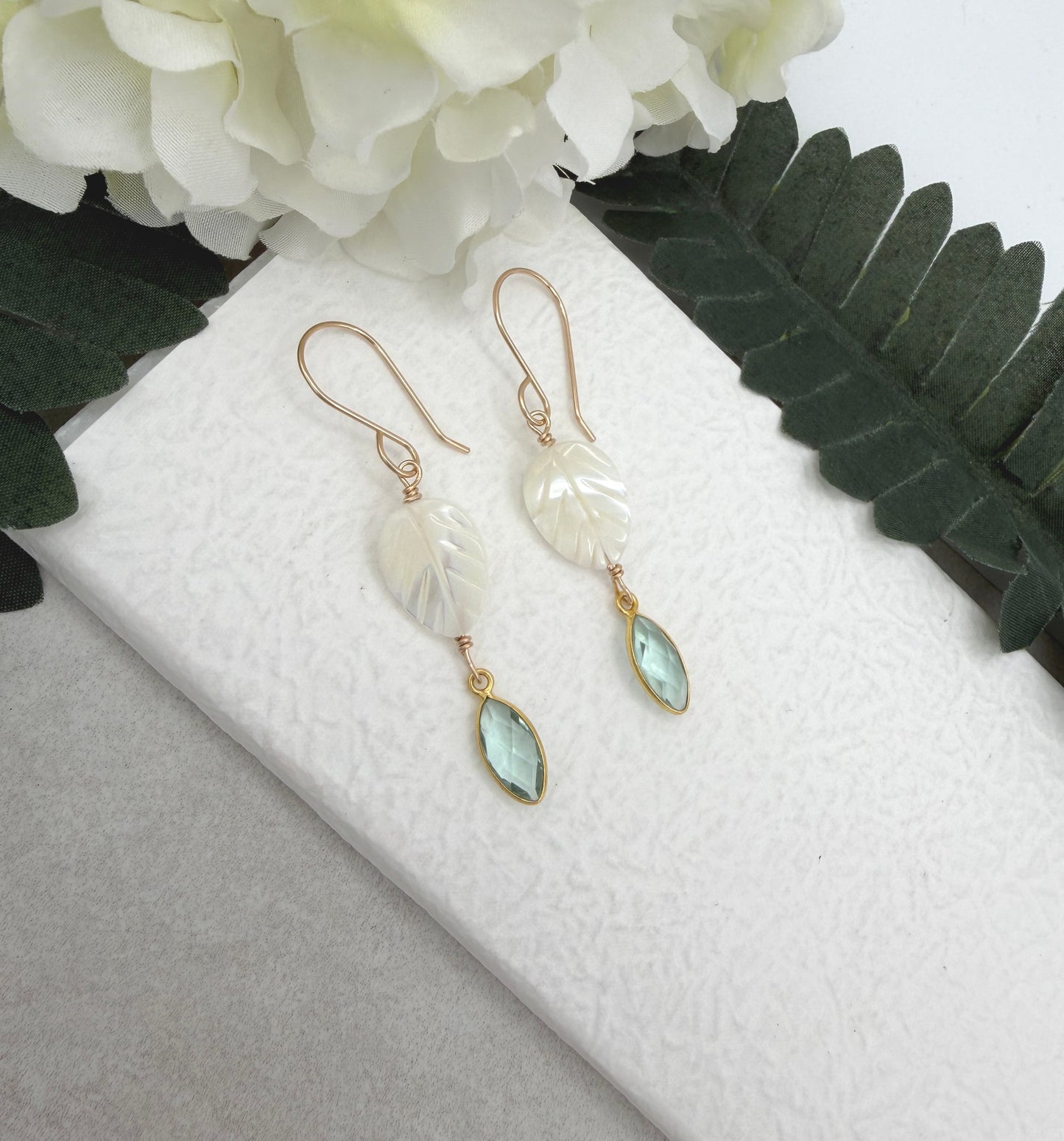 Earrings with Bezel Set Green Amethyst and Large Mother of Pearl Leaf Beads GHE-191