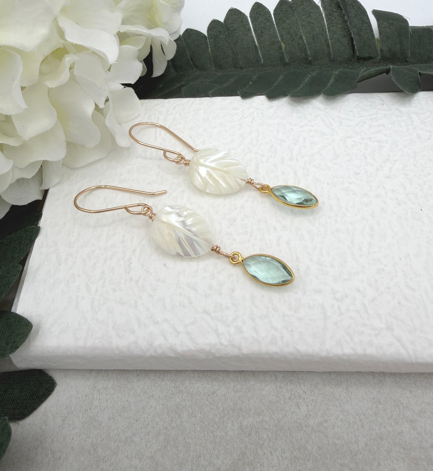 Earrings with Bezel Set Green Amethyst and Large Mother of Pearl Leaf Beads GHE-191