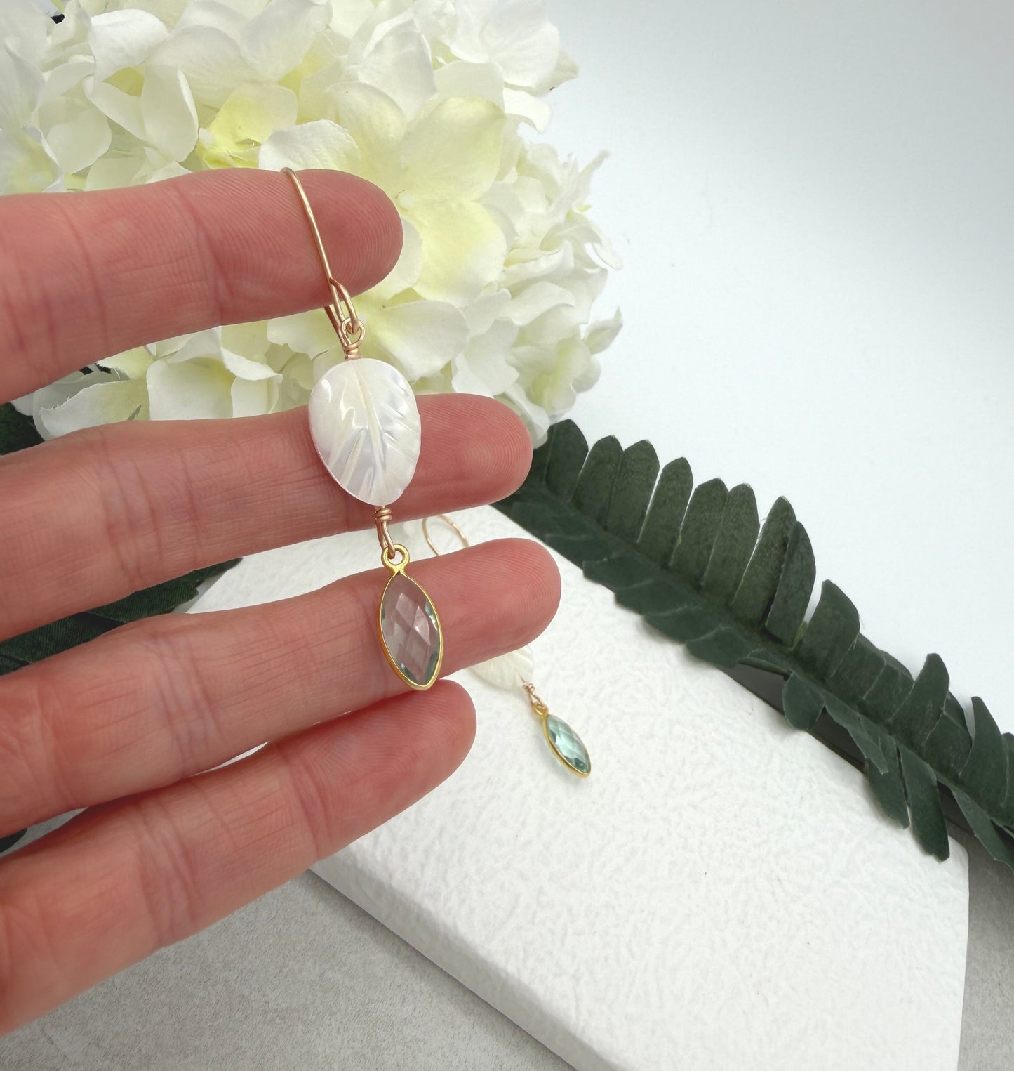 Earrings with Bezel Set Green Amethyst and Large Mother of Pearl Leaf Beads GHE-191