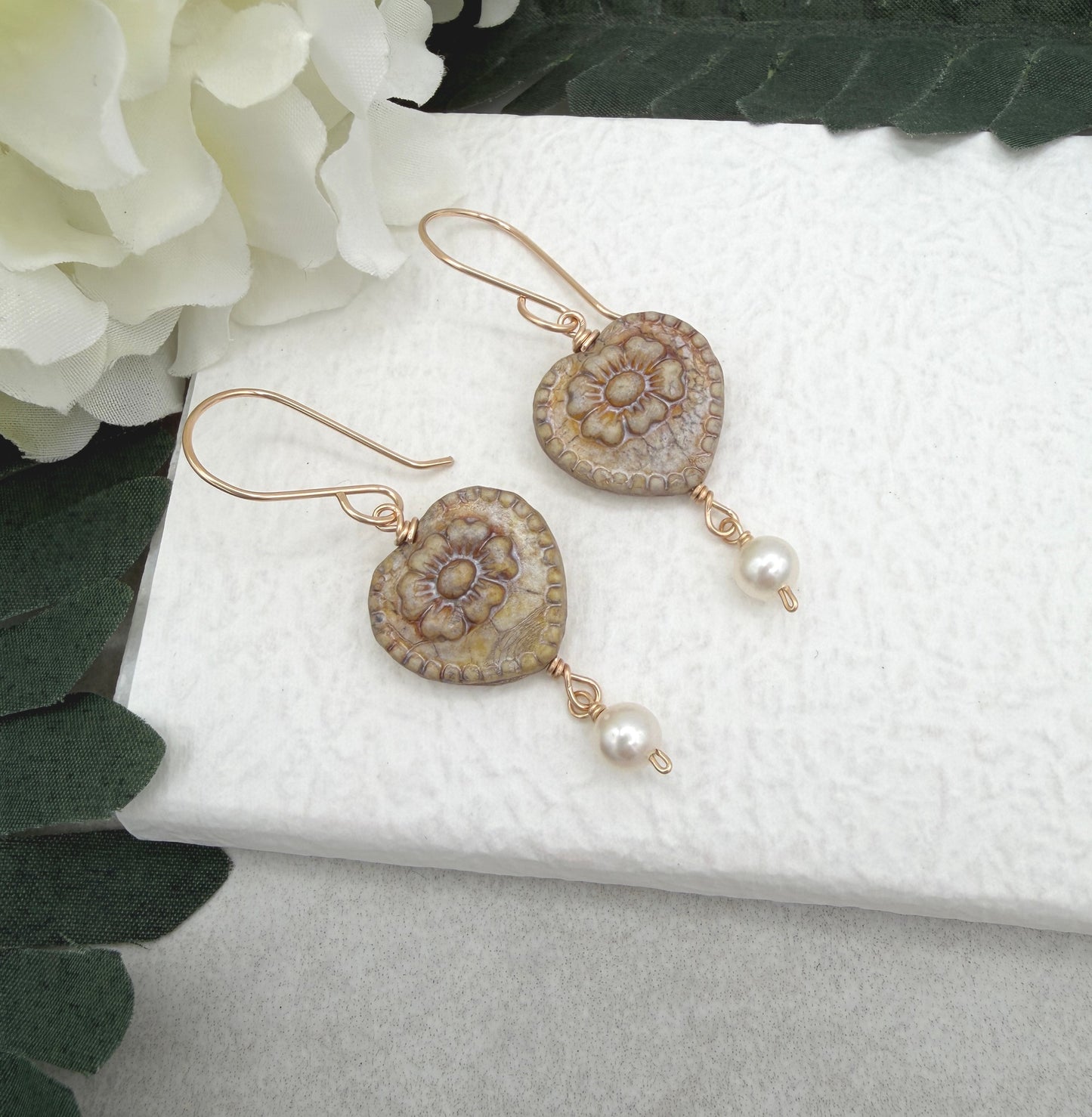 Earrings with Antique Czech Glass Heart Beads  and Pearls GHE-192