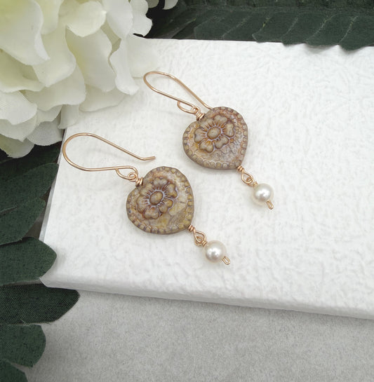 Earrings with Antique Czech Glass Heart Beads  and Pearls GHE-192
