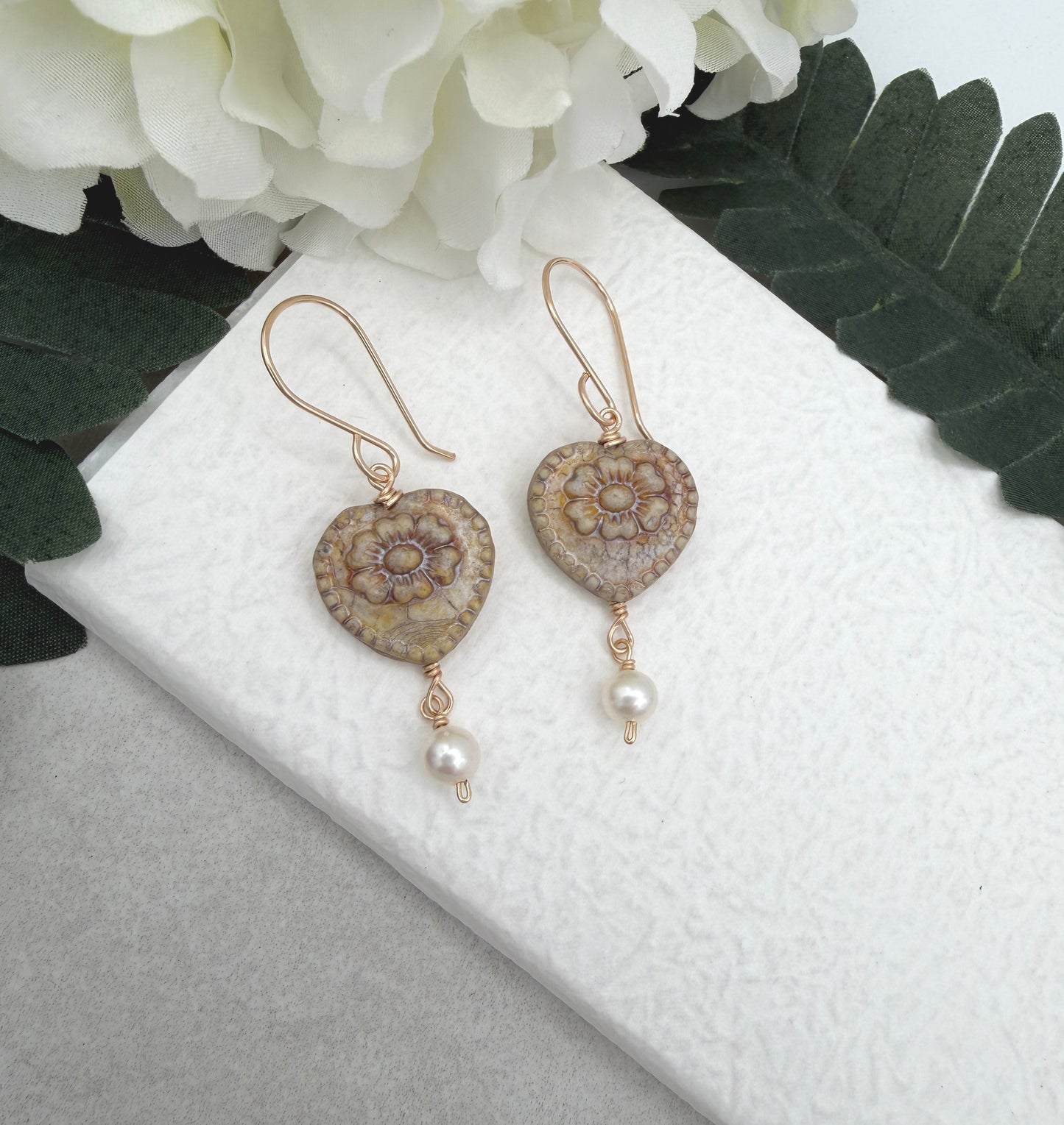 Earrings with Antique Czech Glass Heart Beads  and Pearls GHE-192