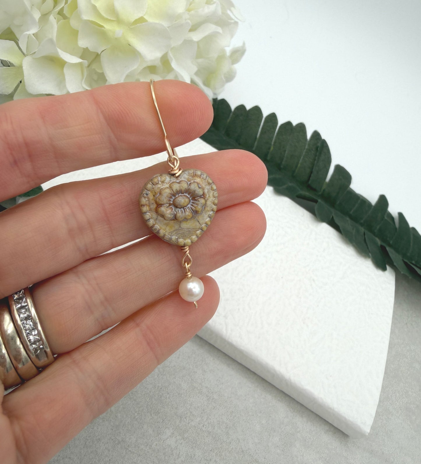 Earrings with Antique Czech Glass Heart Beads  and Pearls GHE-192