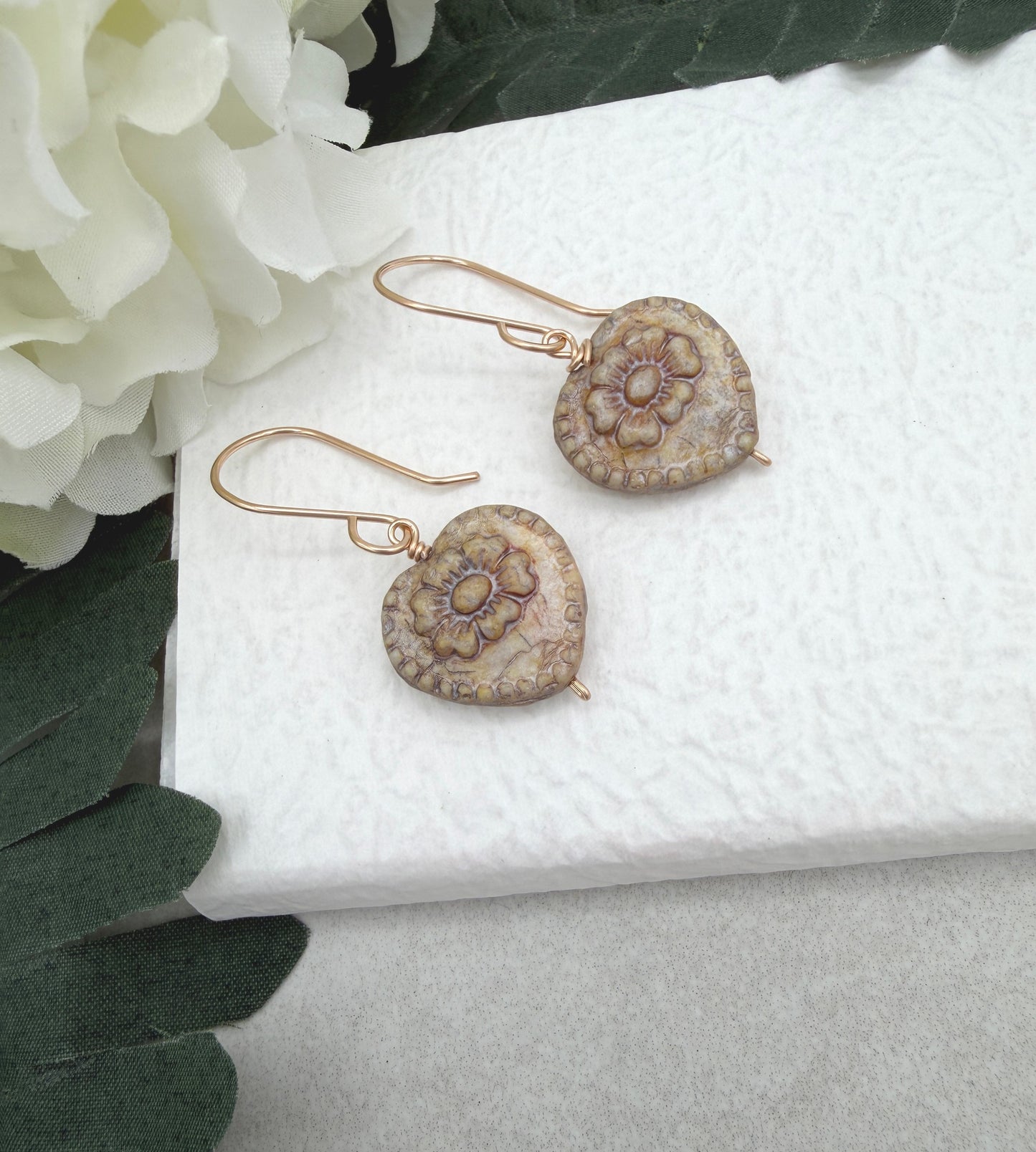 Earrings with Antique Czech Glass Heart Beads GHE-193