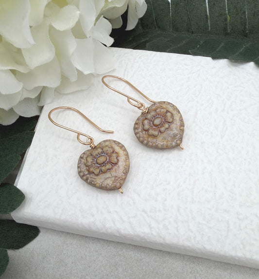 Earrings with Antique Czech Glass Heart Beads GHE-193