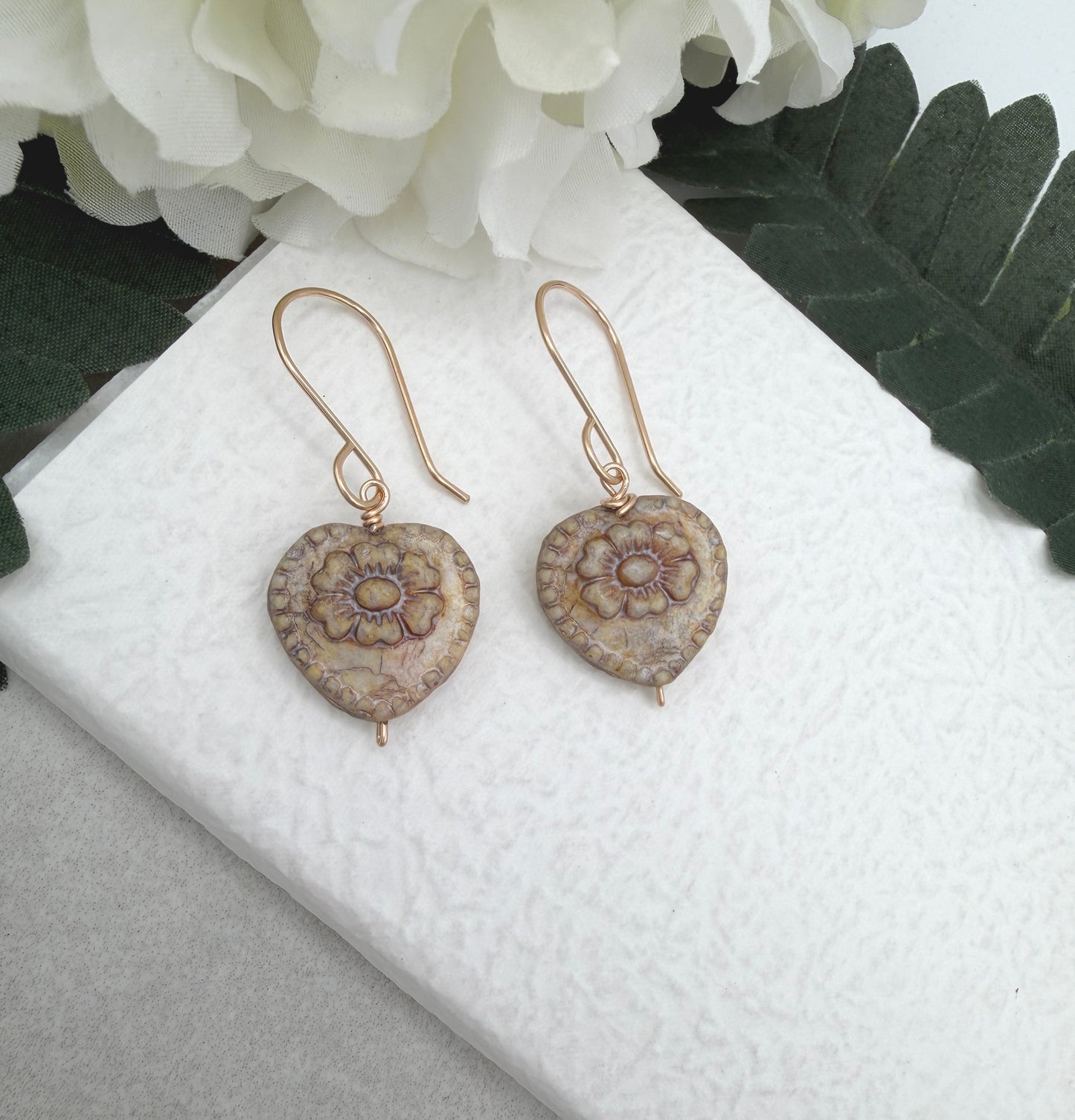 Earrings with Antique Czech Glass Heart Beads GHE-193