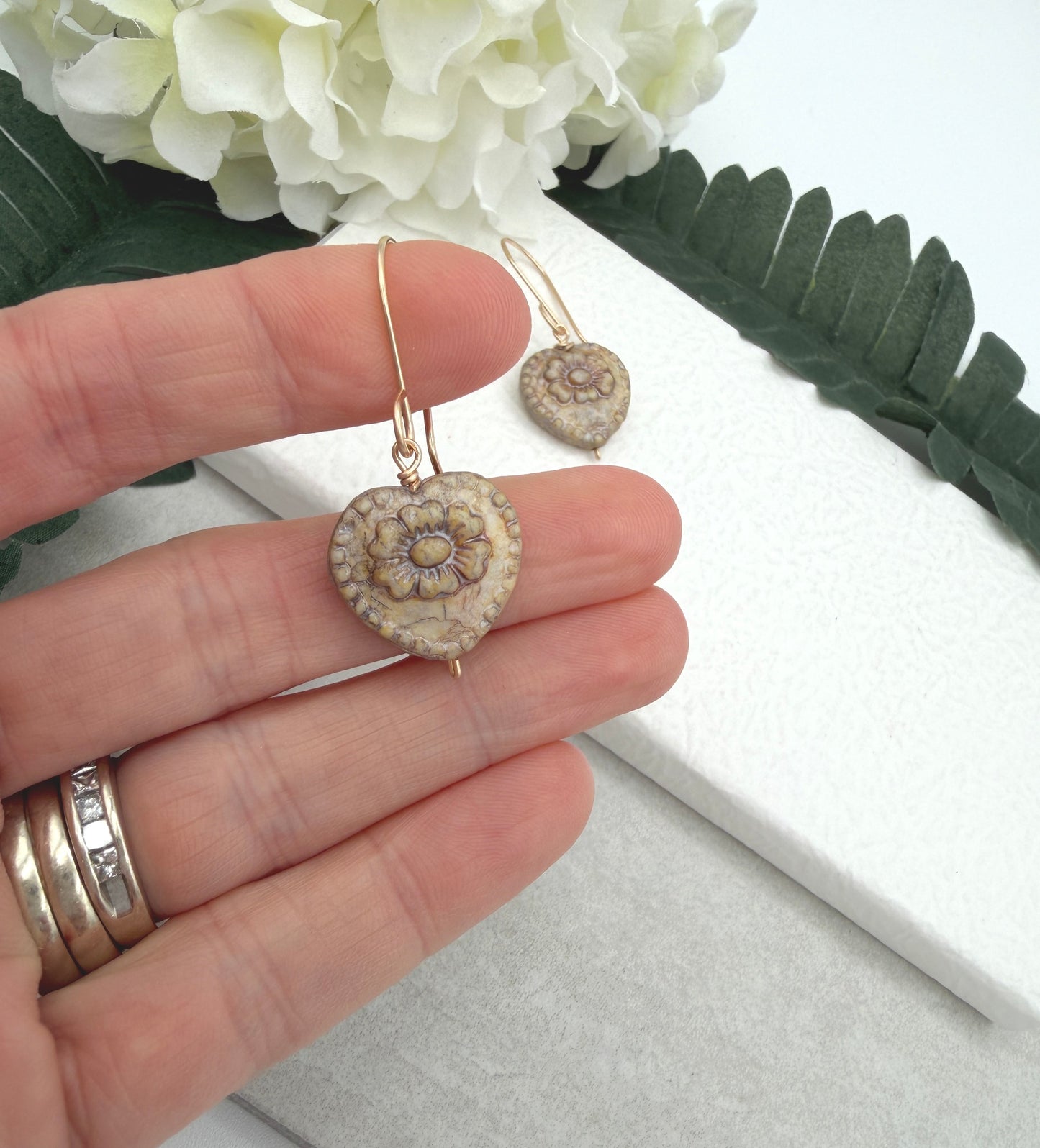 Earrings with Antique Czech Glass Heart Beads GHE-193