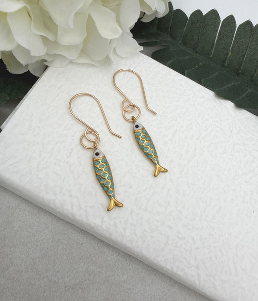 Earrings with Gold Plated and Enameled Fish Charms on Gold Filled Wires GHE-194