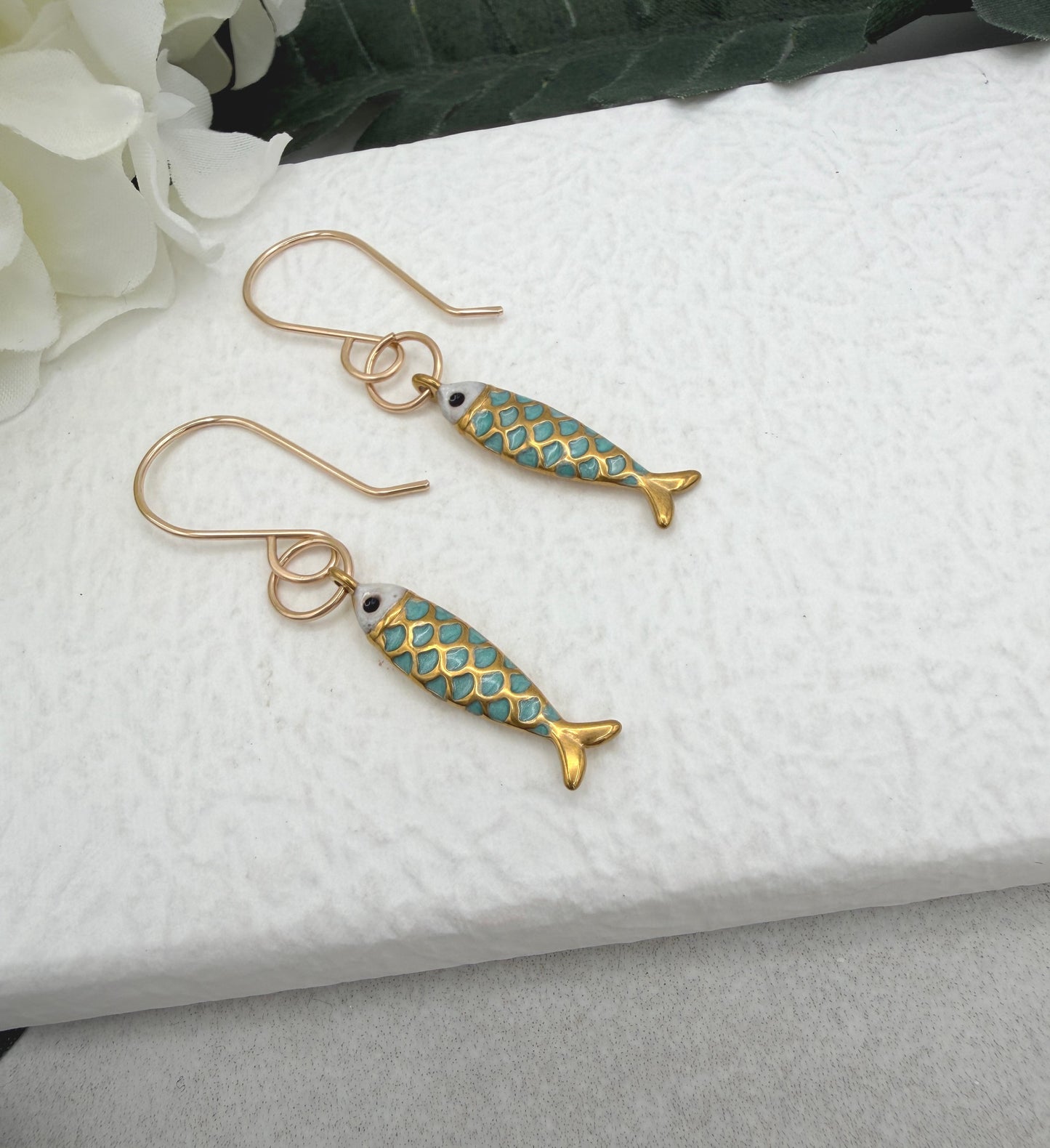 Earrings with Gold Plated and Enameled Fish Charms on Gold Filled Wires GHE-194