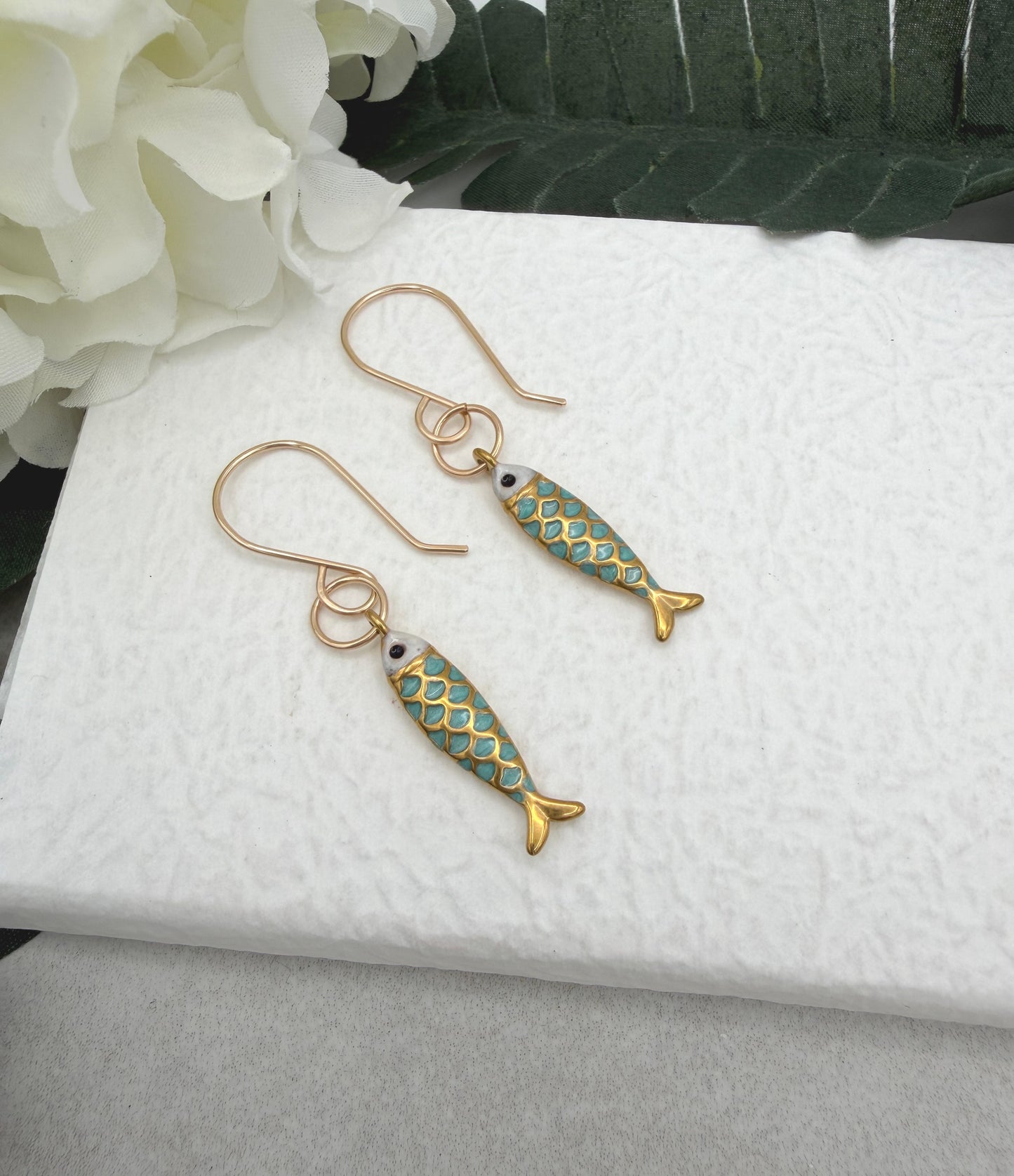 Earrings with Gold Plated and Enameled Fish Charms on Gold Filled Wires GHE-194