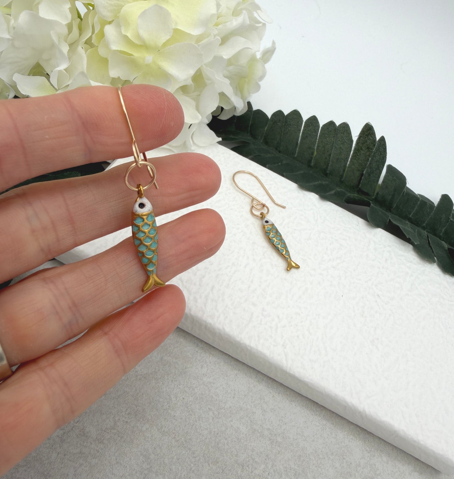 Earrings with Gold Plated and Enameled Fish Charms on Gold Filled Wires GHE-194