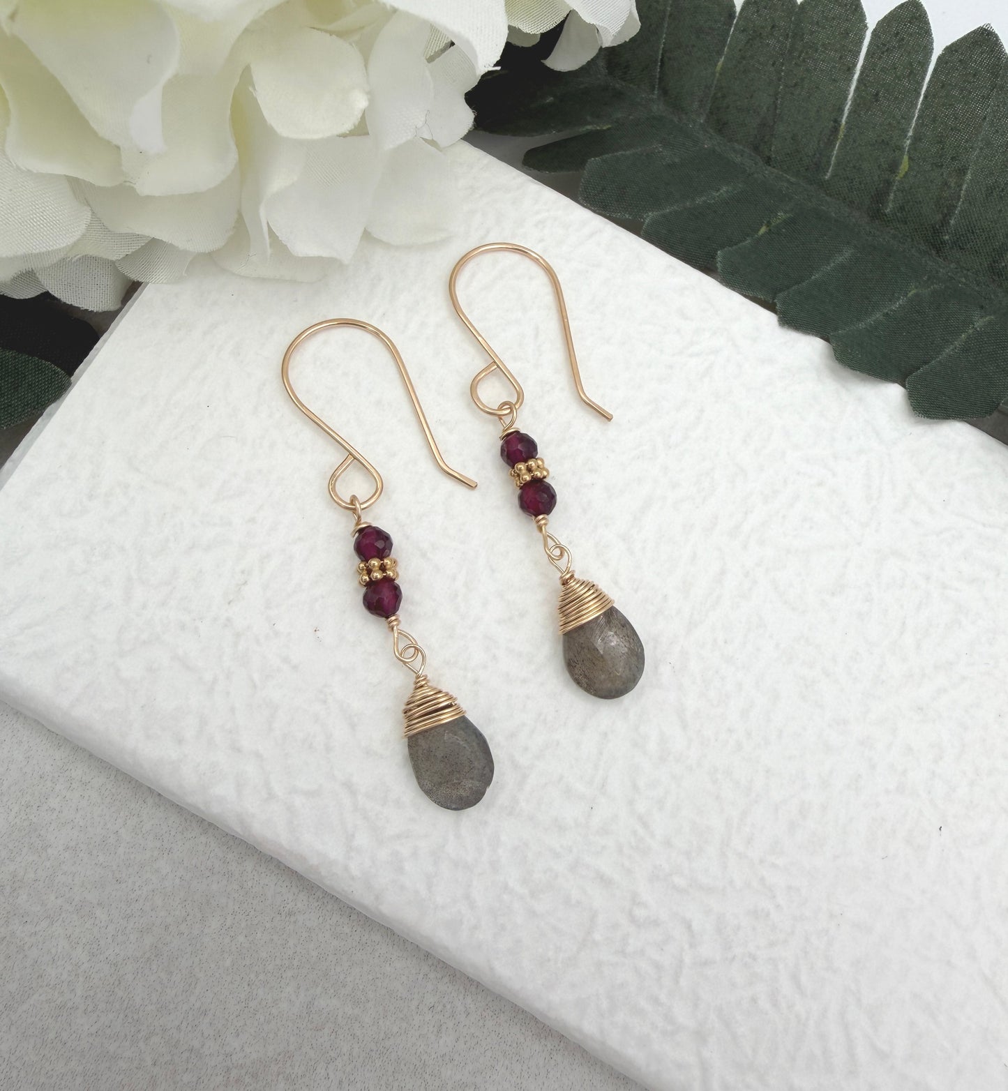 Earrings with Faceted Garnet , Gold Filled Spacers and Labradorite Teardrops on Gold Filled Chain GHE-195