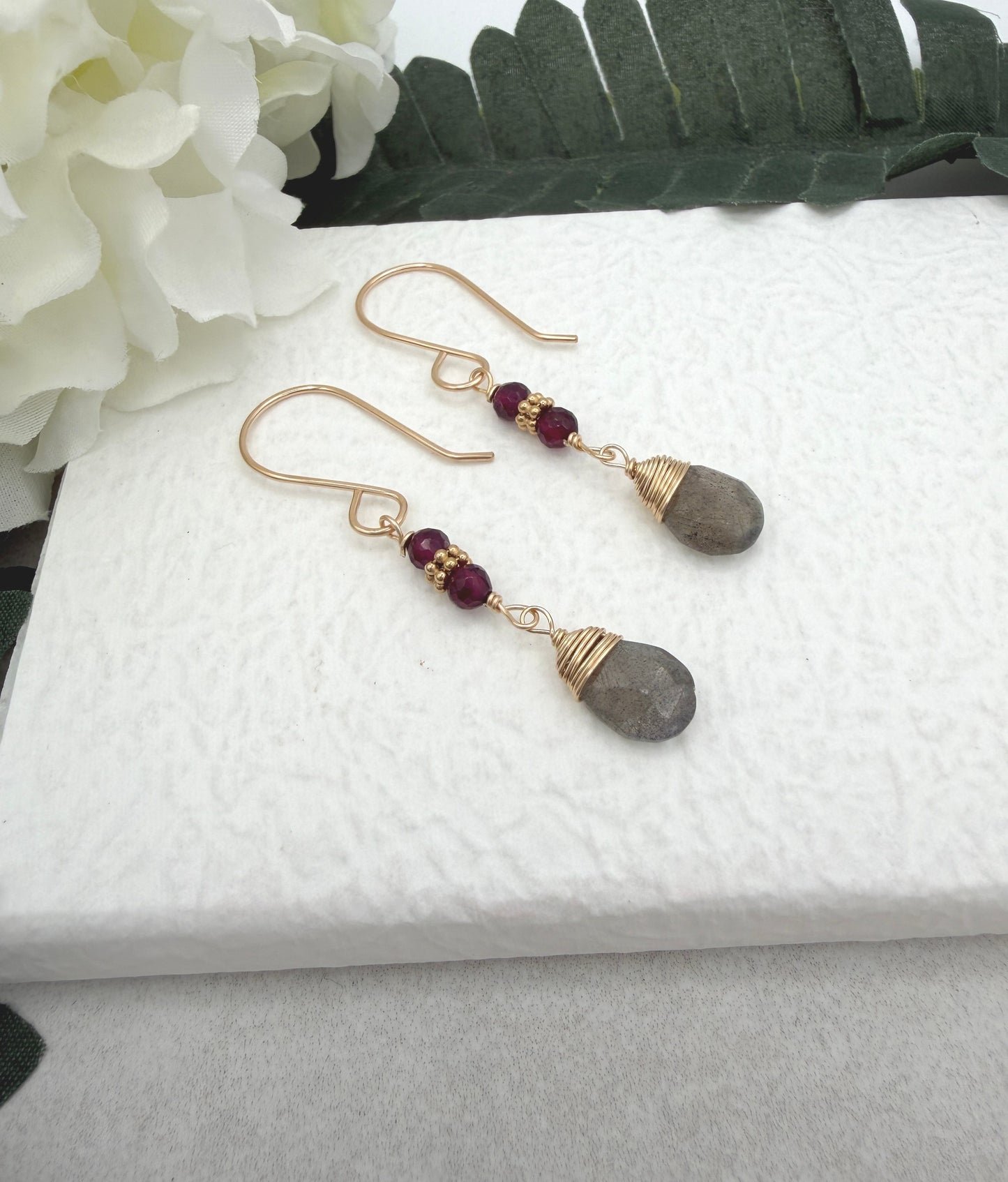 Earrings with Faceted Garnet , Gold Filled Spacers and Labradorite Teardrops on Gold Filled Chain GHE-195
