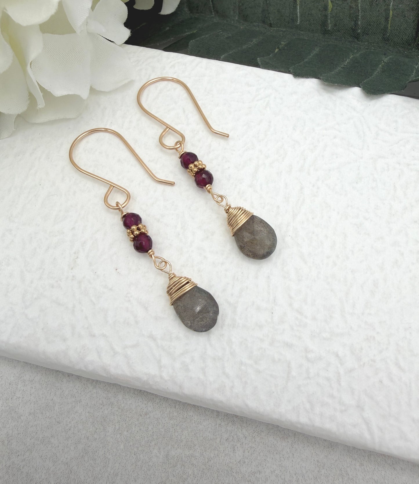 Earrings with Faceted Garnet , Gold Filled Spacers and Labradorite Teardrops on Gold Filled Chain GHE-195