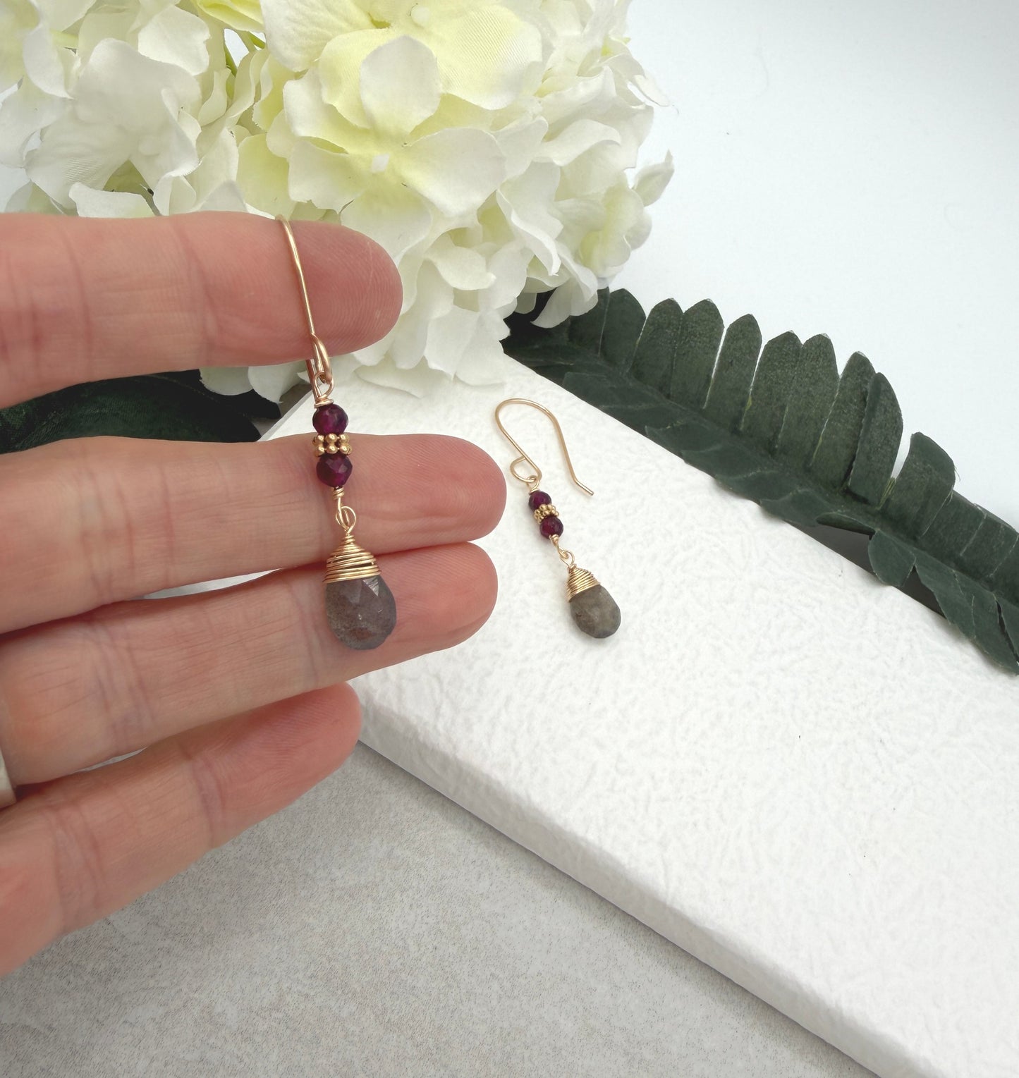 Earrings with Faceted Garnet , Gold Filled Spacers and Labradorite Teardrops on Gold Filled Chain GHE-195