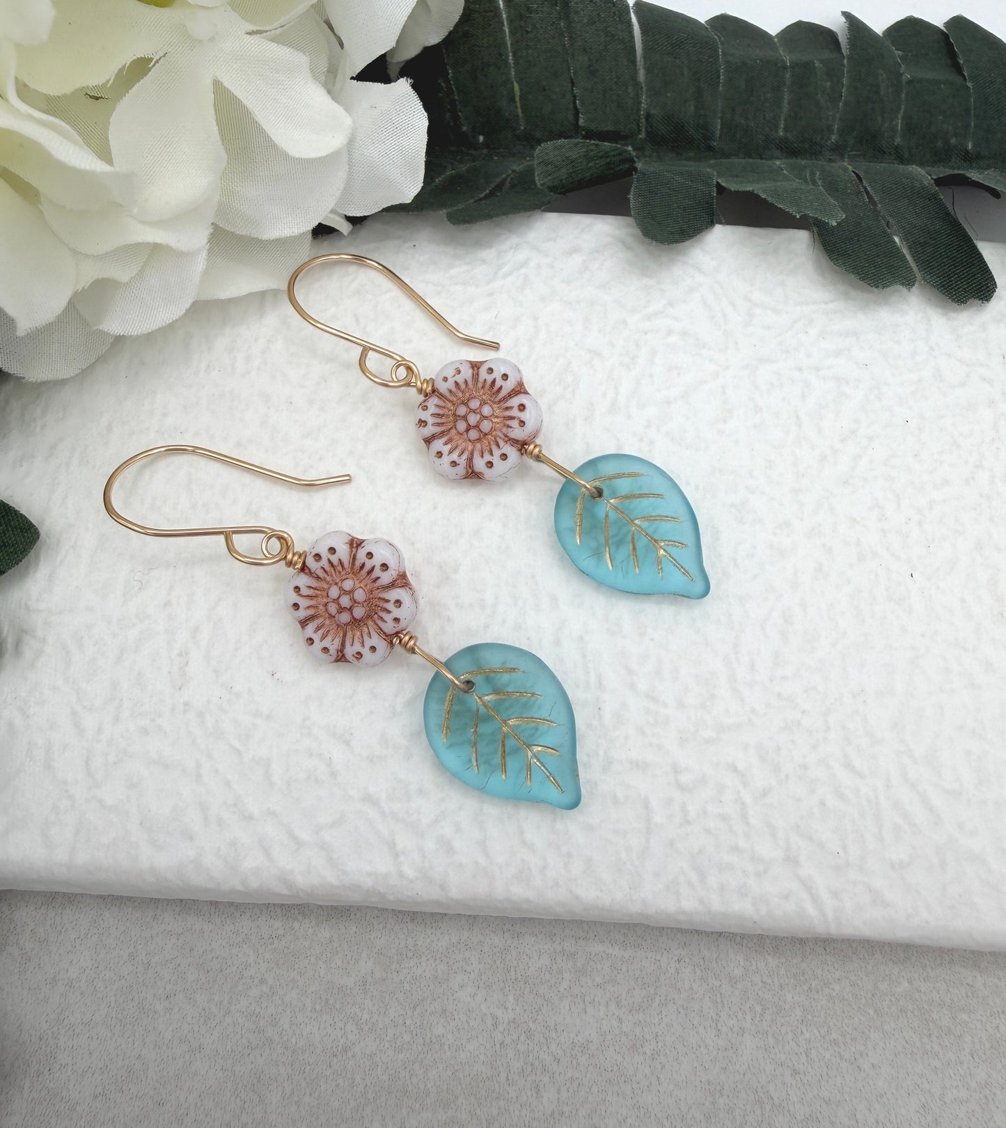 Earrings with Pink, Czech Glass Flowers and Blue, Czech Glass Leaves on Gold Filled Earring Wires GHE-202