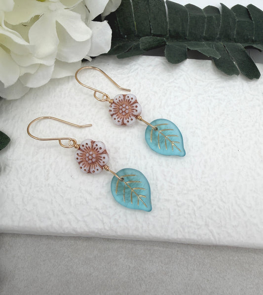 Earrings with Pink, Czech Glass Flowers and Blue, Czech Glass Leaves on Gold Filled Earring Wires GHE-202