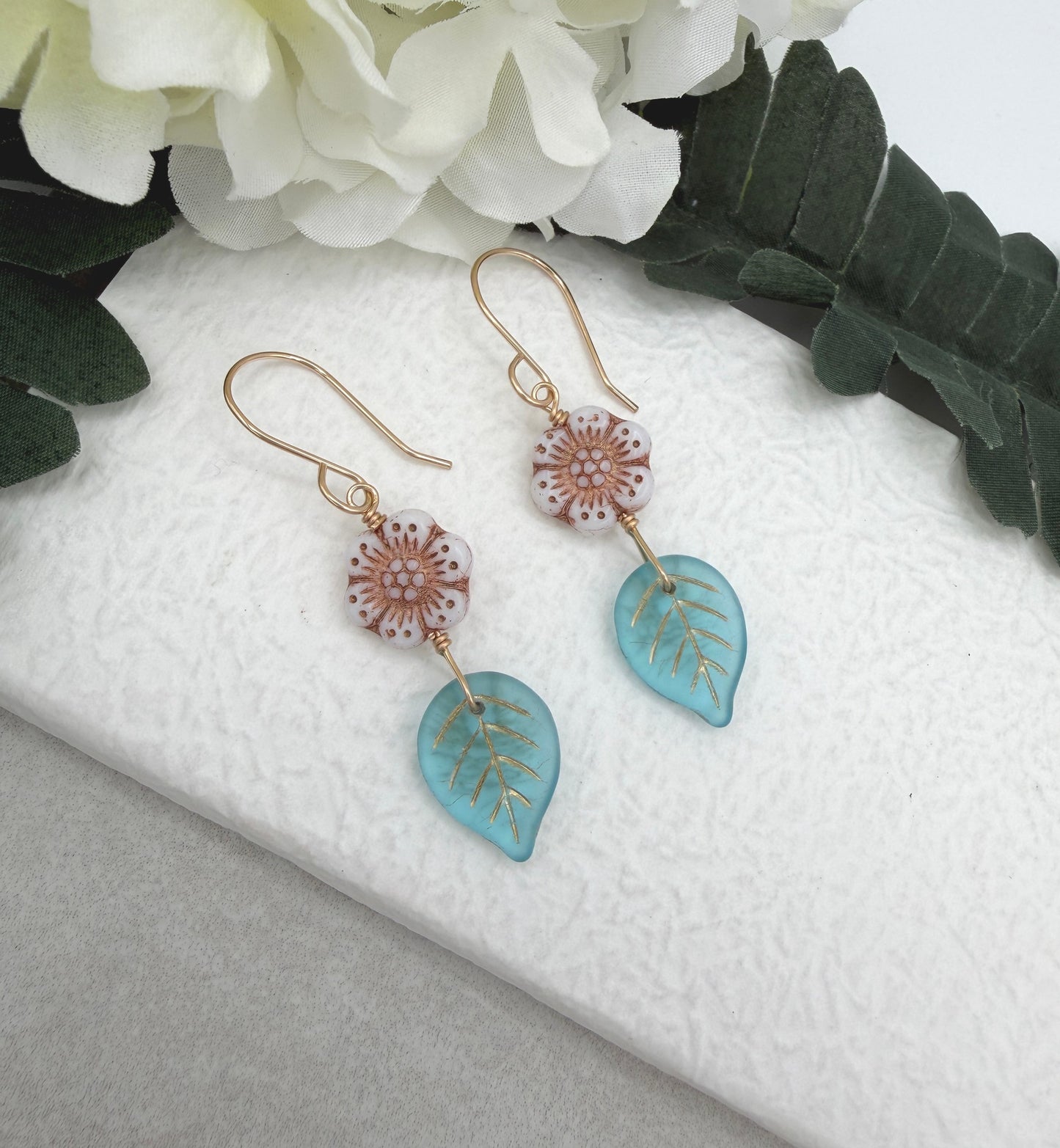Earrings with Pink, Czech Glass Flowers and Blue, Czech Glass Leaves on Gold Filled Earring Wires GHE-202
