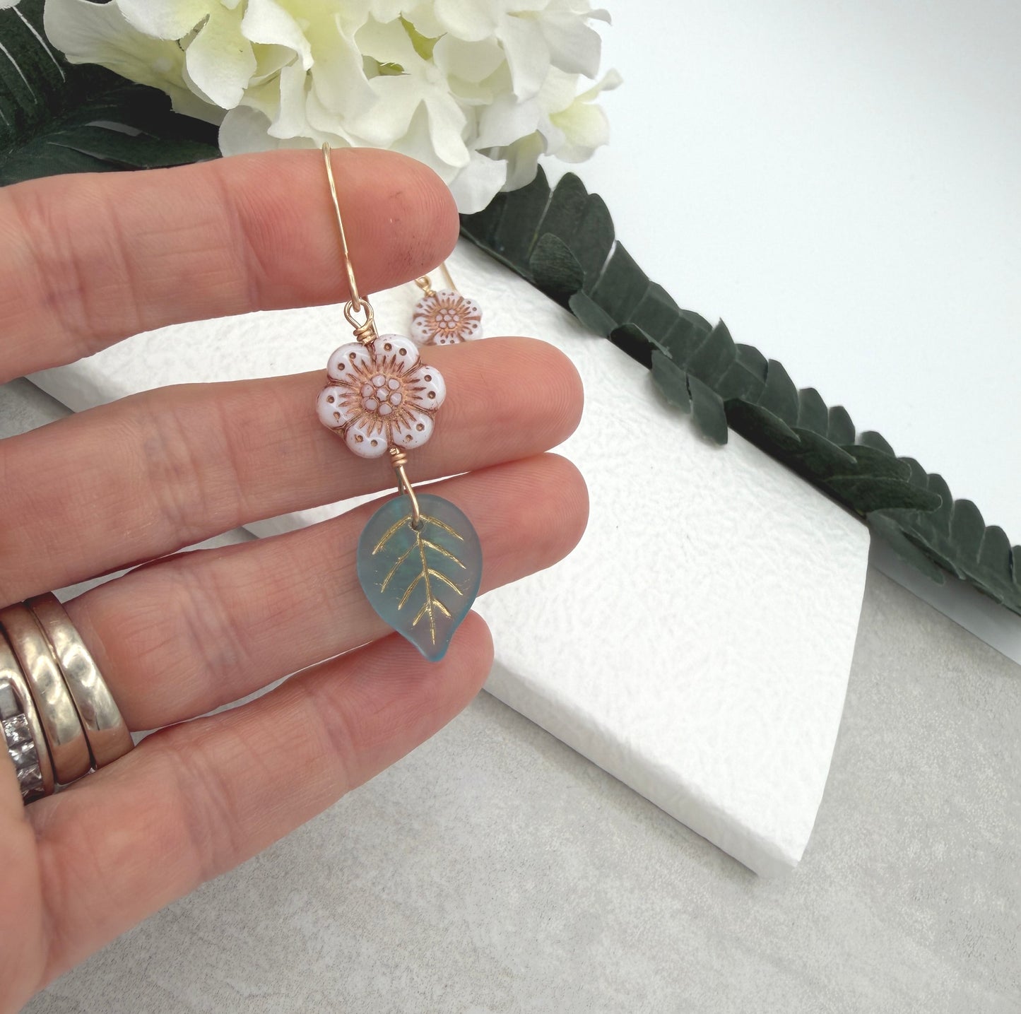 Earrings with Pink, Czech Glass Flowers and Blue, Czech Glass Leaves on Gold Filled Earring Wires GHE-202