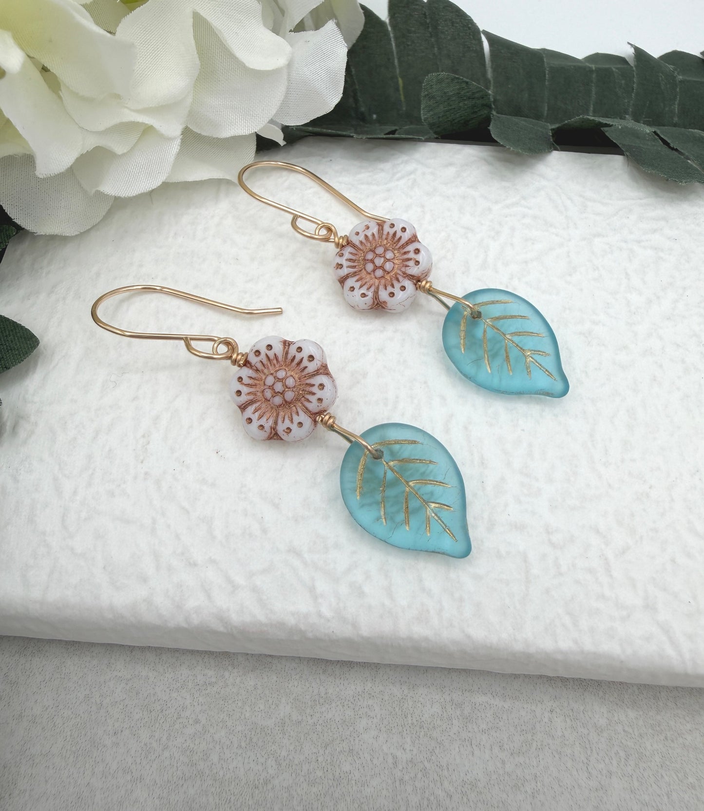 Earrings with Pink, Czech Glass Flowers and Blue, Czech Glass Leaves on Gold Filled Earring Wires GHE-202