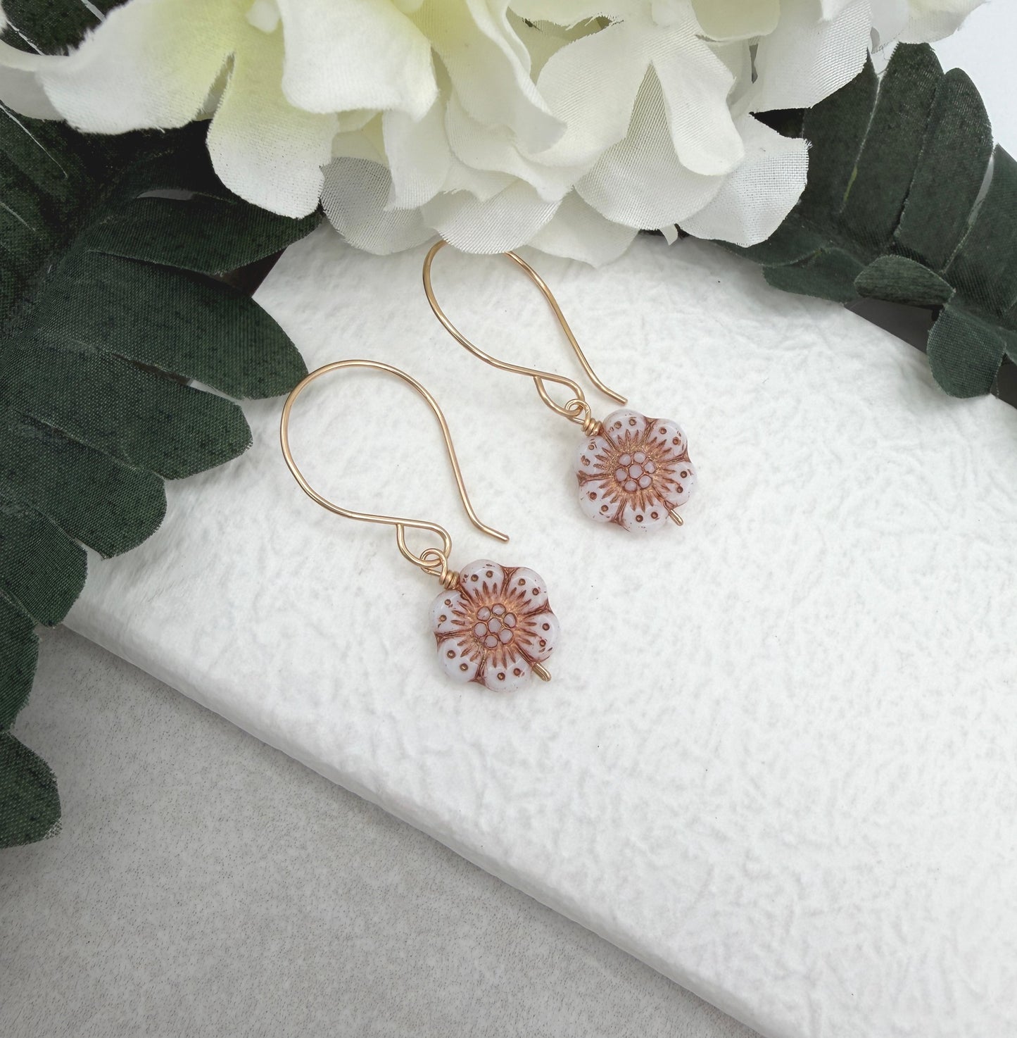Earrings with Pink, Czech Glass Flowers on Gold Filled Earring Wires
