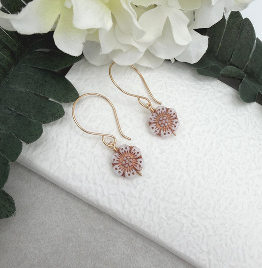 Earrings with Pink, Czech Glass Flowers on Gold Filled Earring Wires