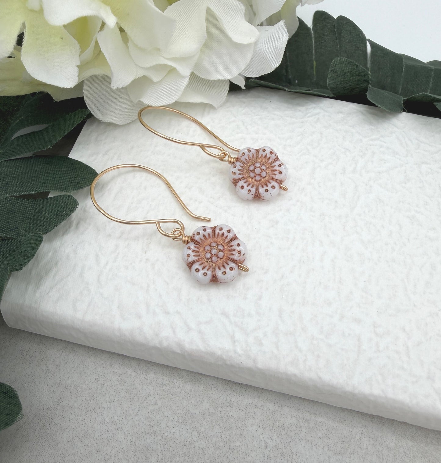 Earrings with Pink, Czech Glass Flowers on Gold Filled Earring Wires