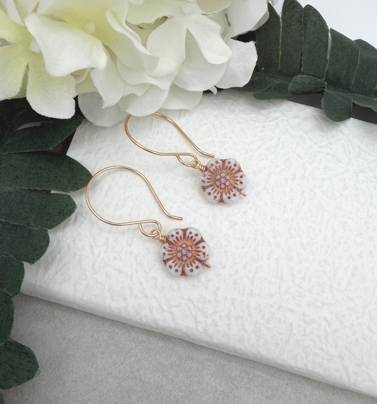 Earrings with Pink, Czech Glass Flowers on Gold Filled Earring Wires