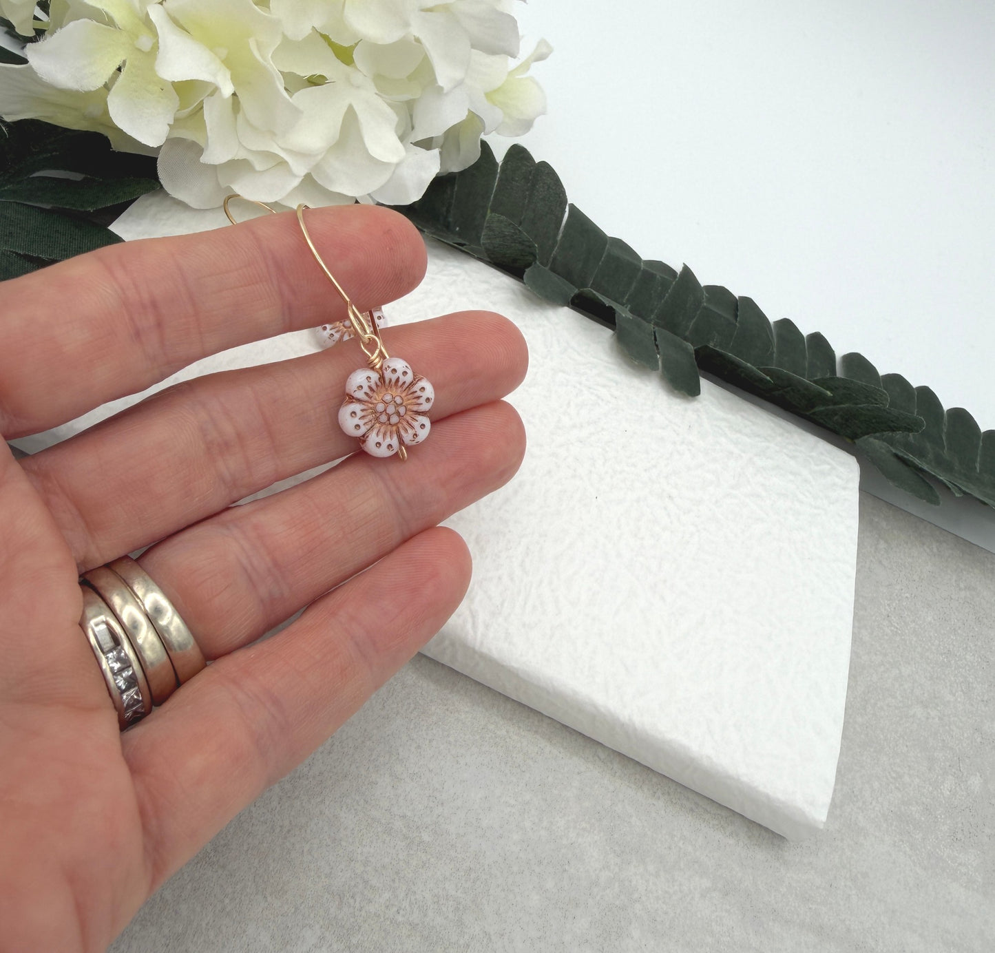 Earrings with Pink, Czech Glass Flowers on Gold Filled Earring Wires