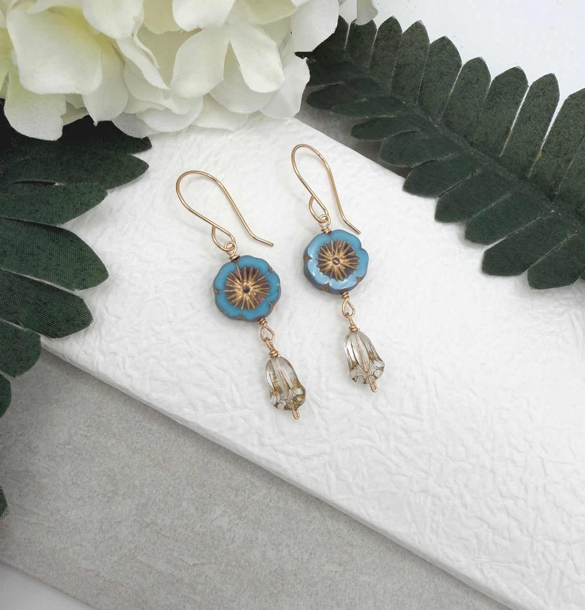 Earrings with Blue Czech Glass Flowers and Gold Czech Glass Tulip Beads GHE-206