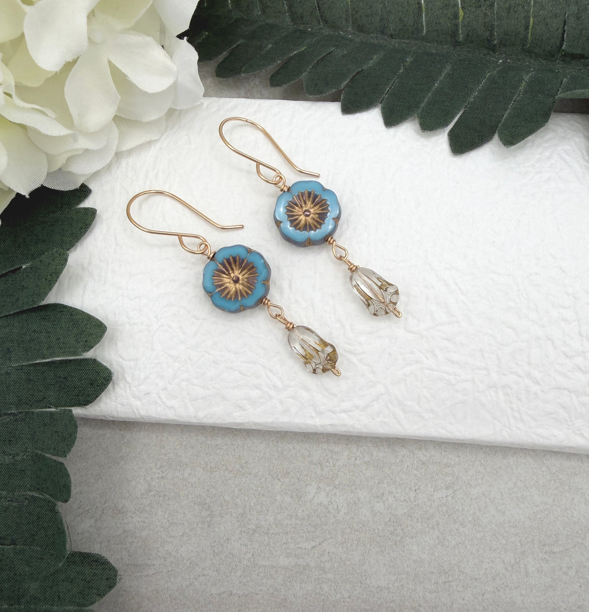Earrings with Blue Czech Glass Flowers and Gold Czech Glass Tulip Beads GHE-206